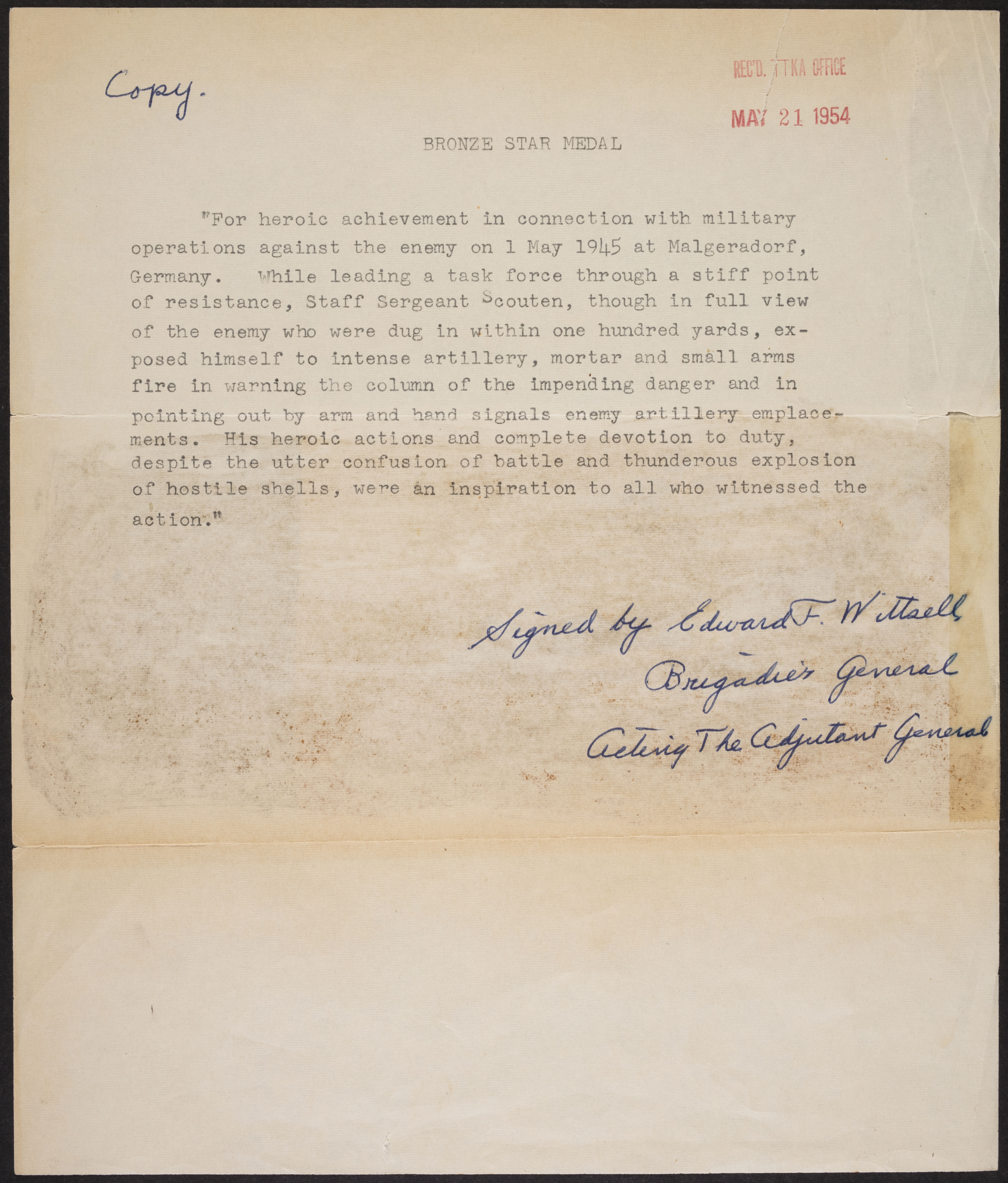 Roy Clifton Scouten Bronze Star Medal Document, May 21, 1954