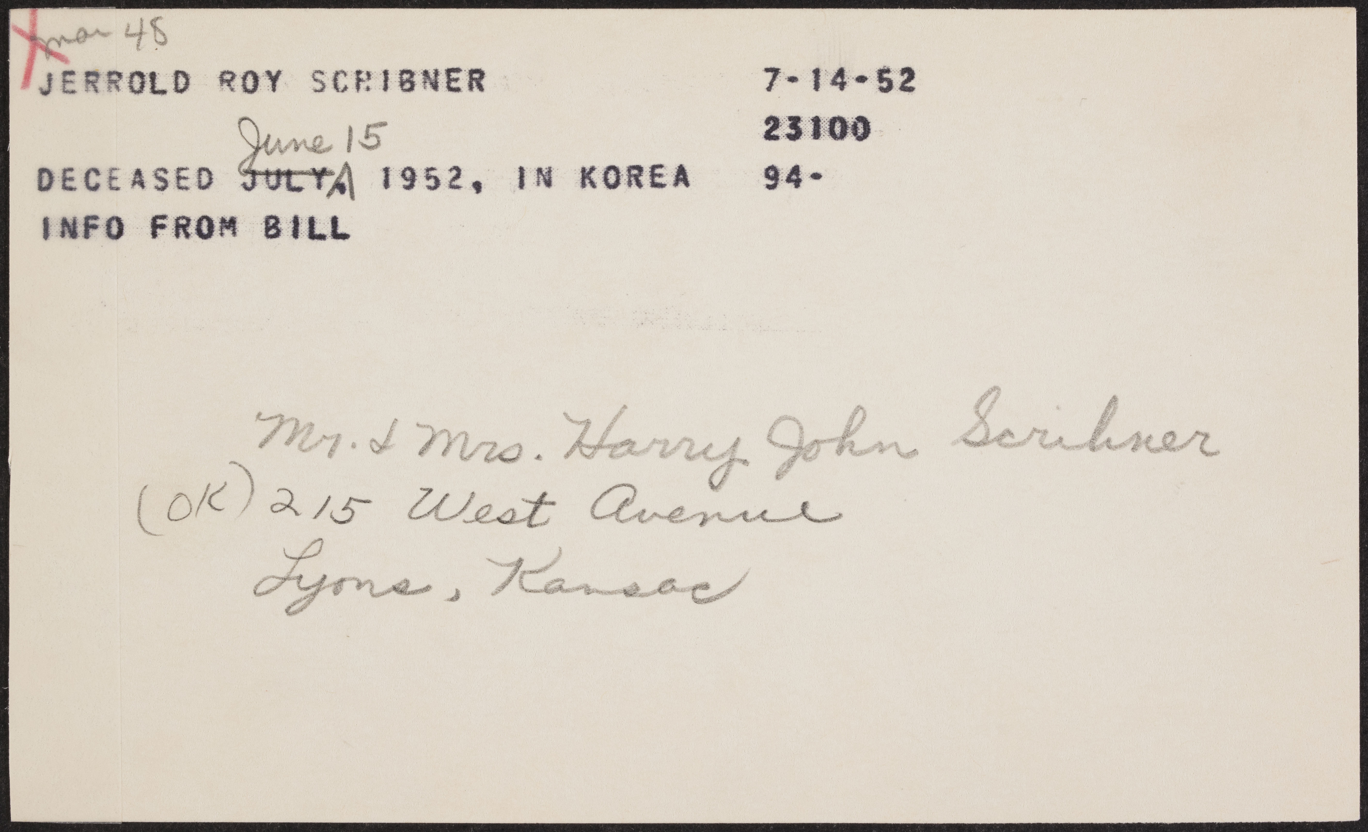 Jerrold Roy Scribner War Record Card