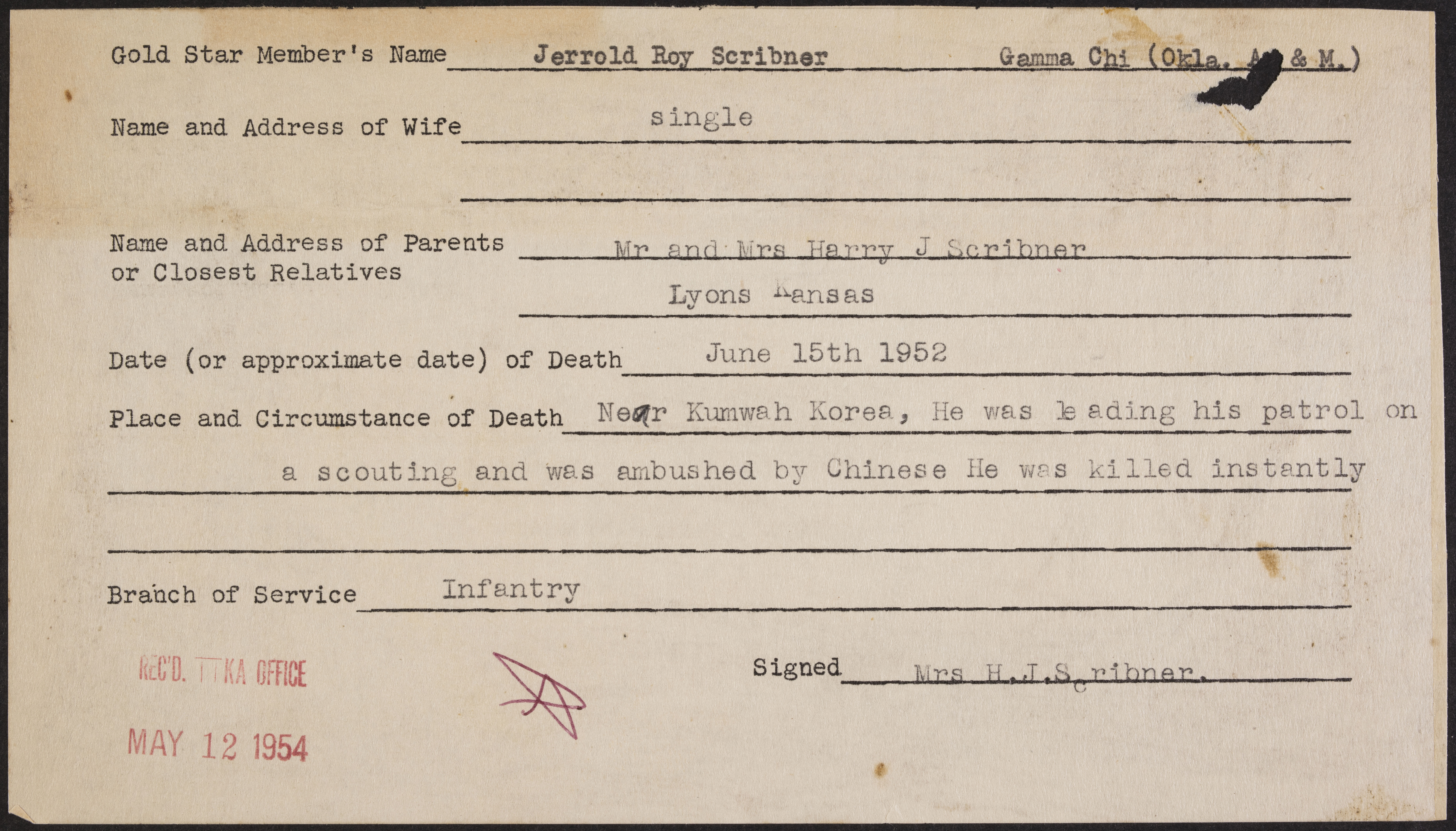 Jerrold Roy Scribner War Record Form, May 12, 1954
