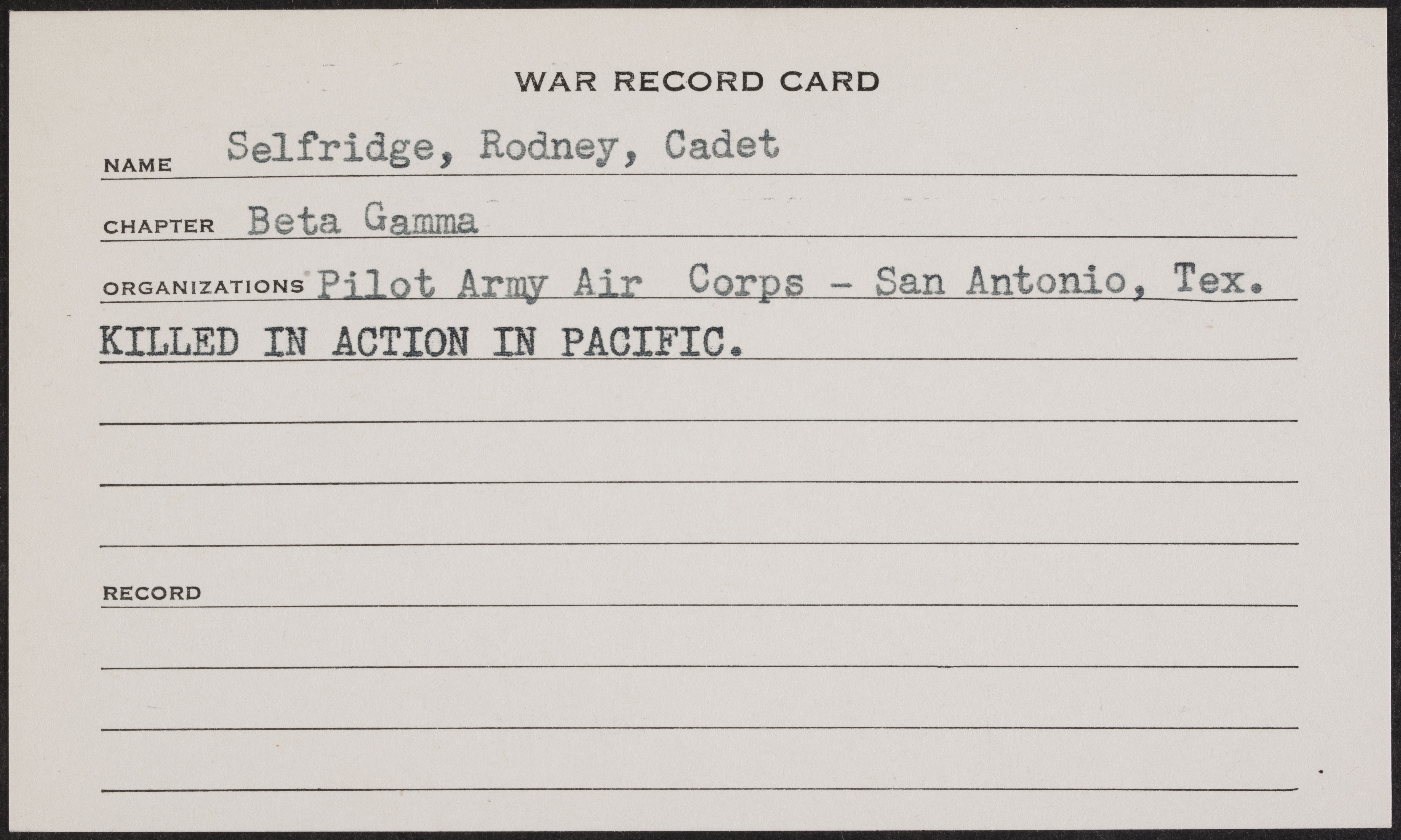 Rodney Walden Selfridge War Record Card