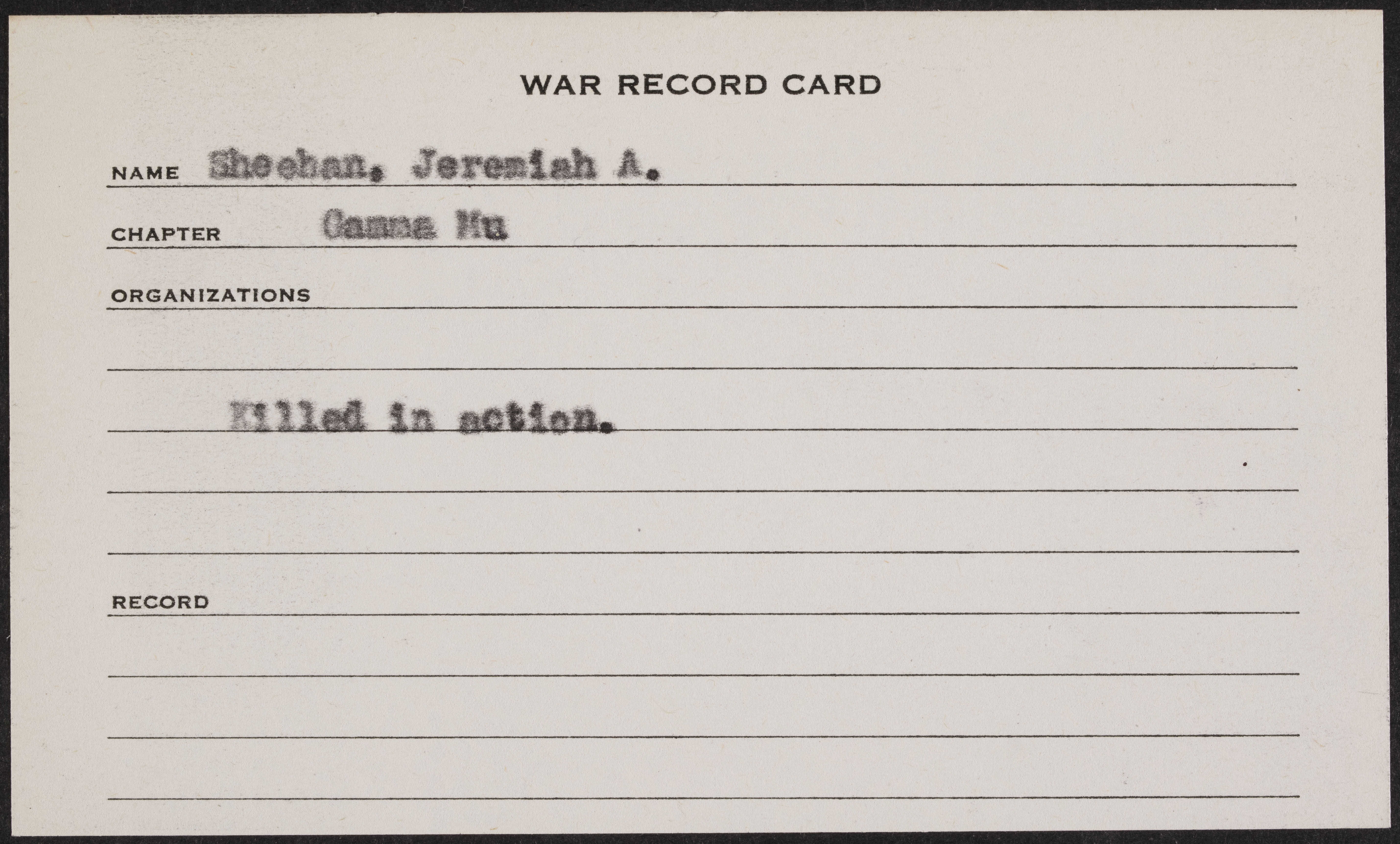 Jeremiah Aidon Sheehan War Record Card