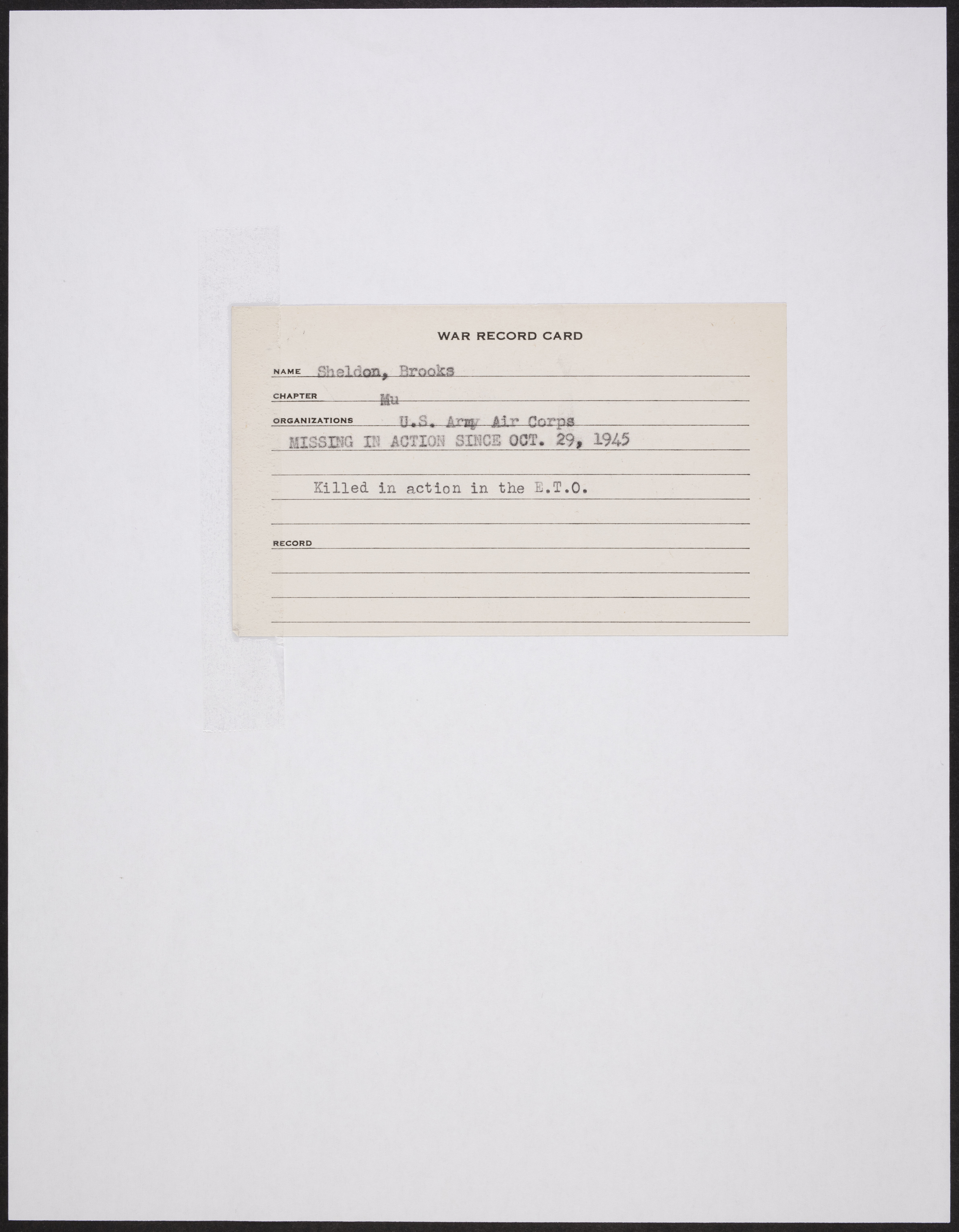Brooks Sheldon War Record Card