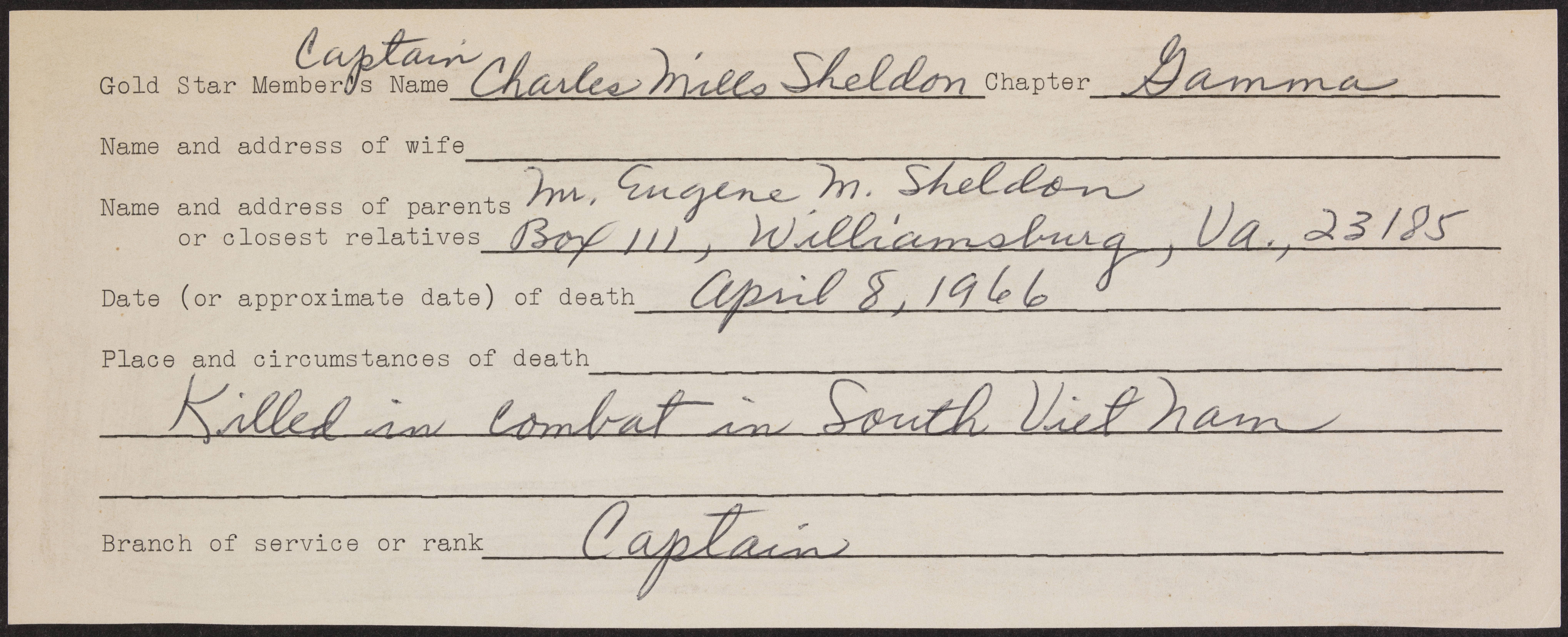 Charles Mills Sheldon War Record Form