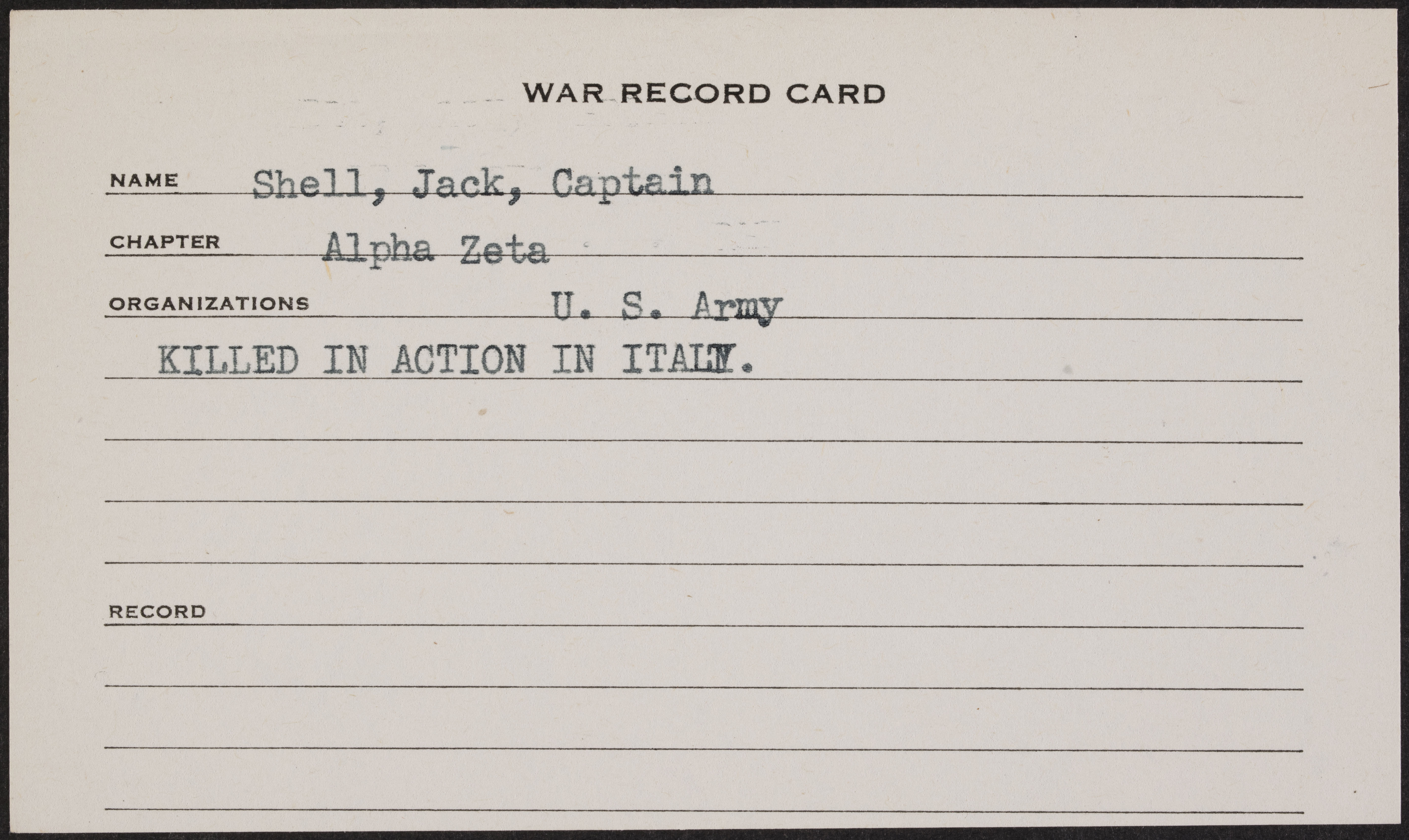 Artemus Jackson Shell War Record Form