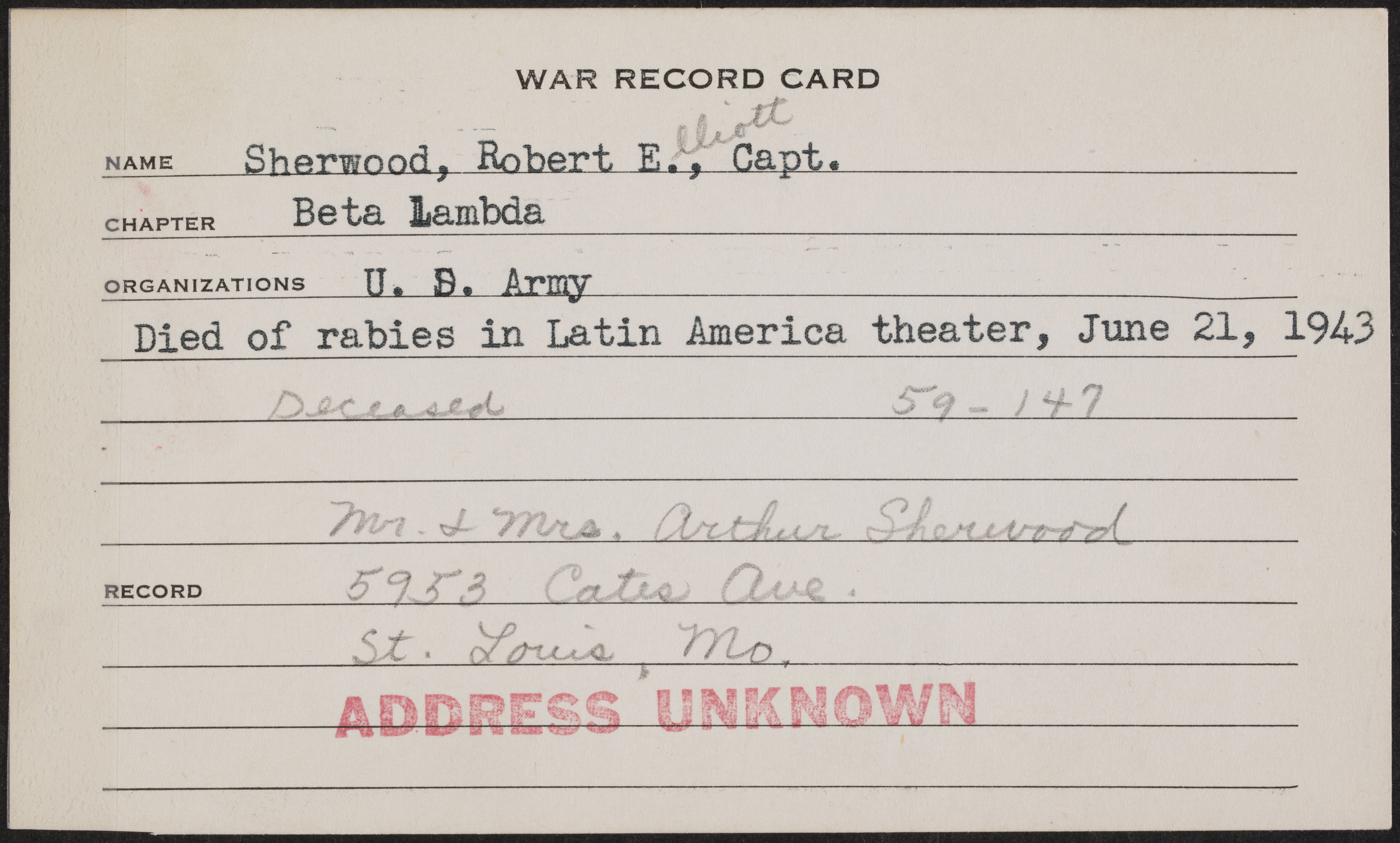 Robert Elliott Sherwood War Record Card