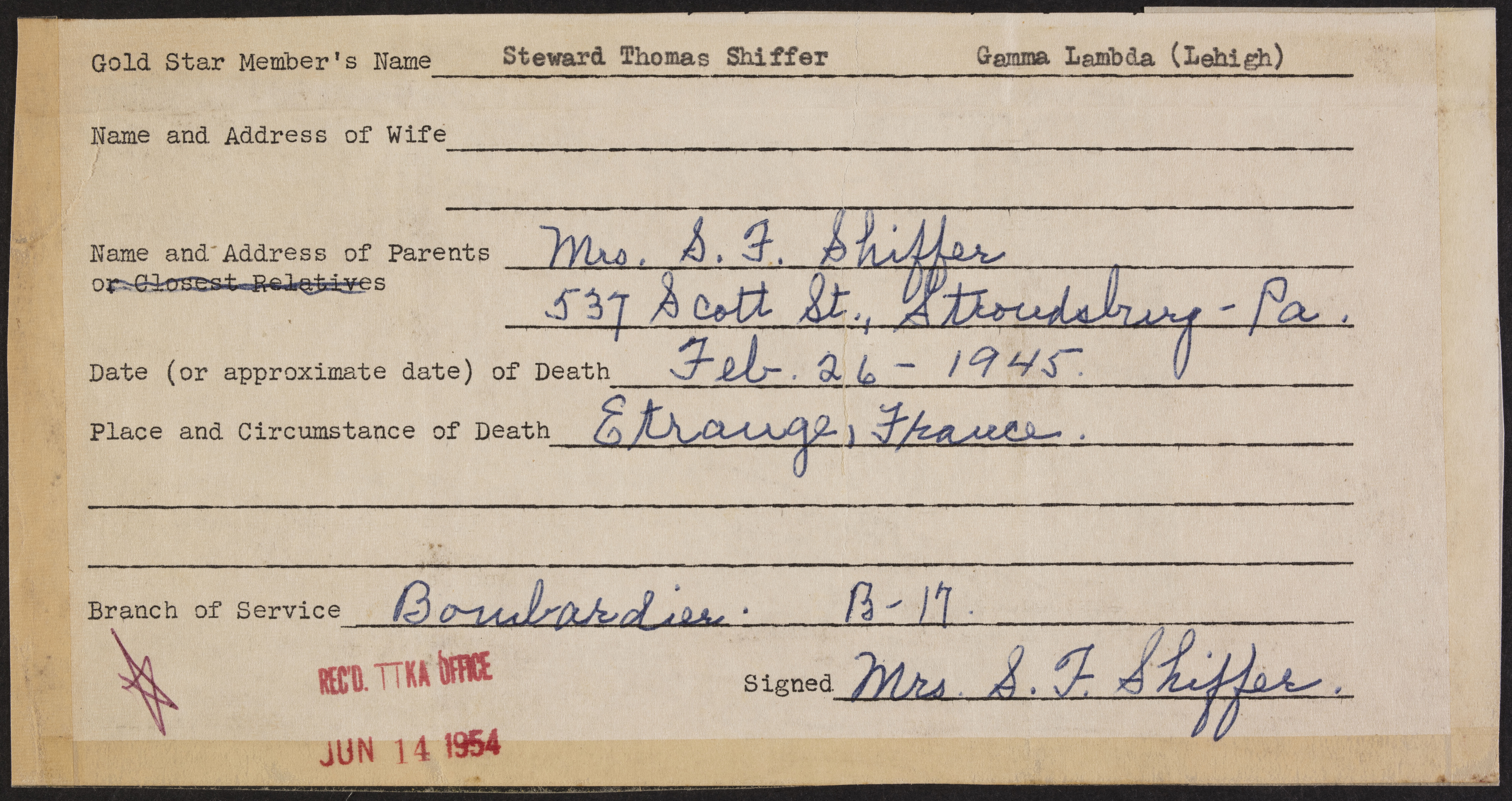 Steward Thomas Shiffer War Record Form, June 14, 1954
