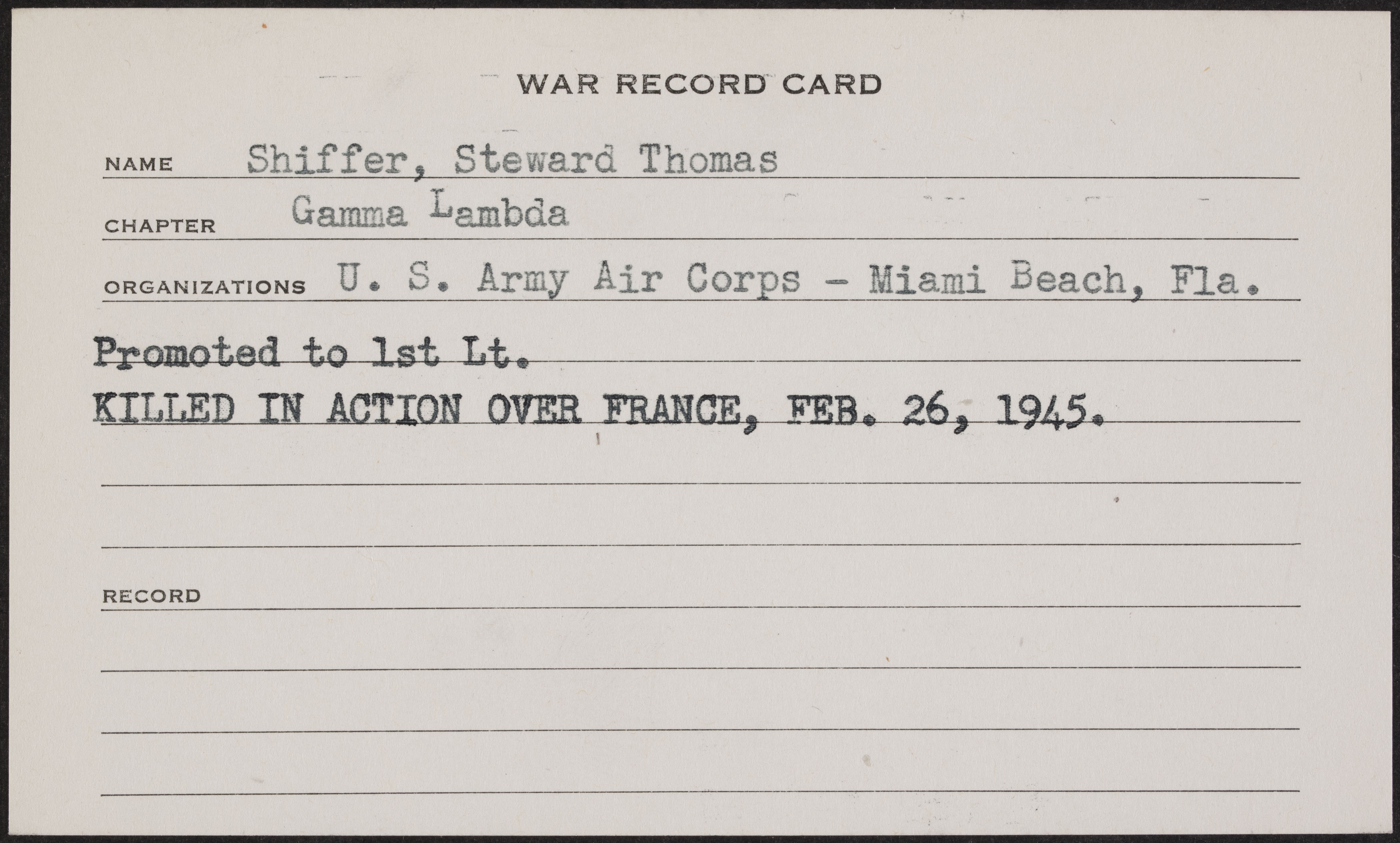 Steward Thomas Shiffer War Record Card