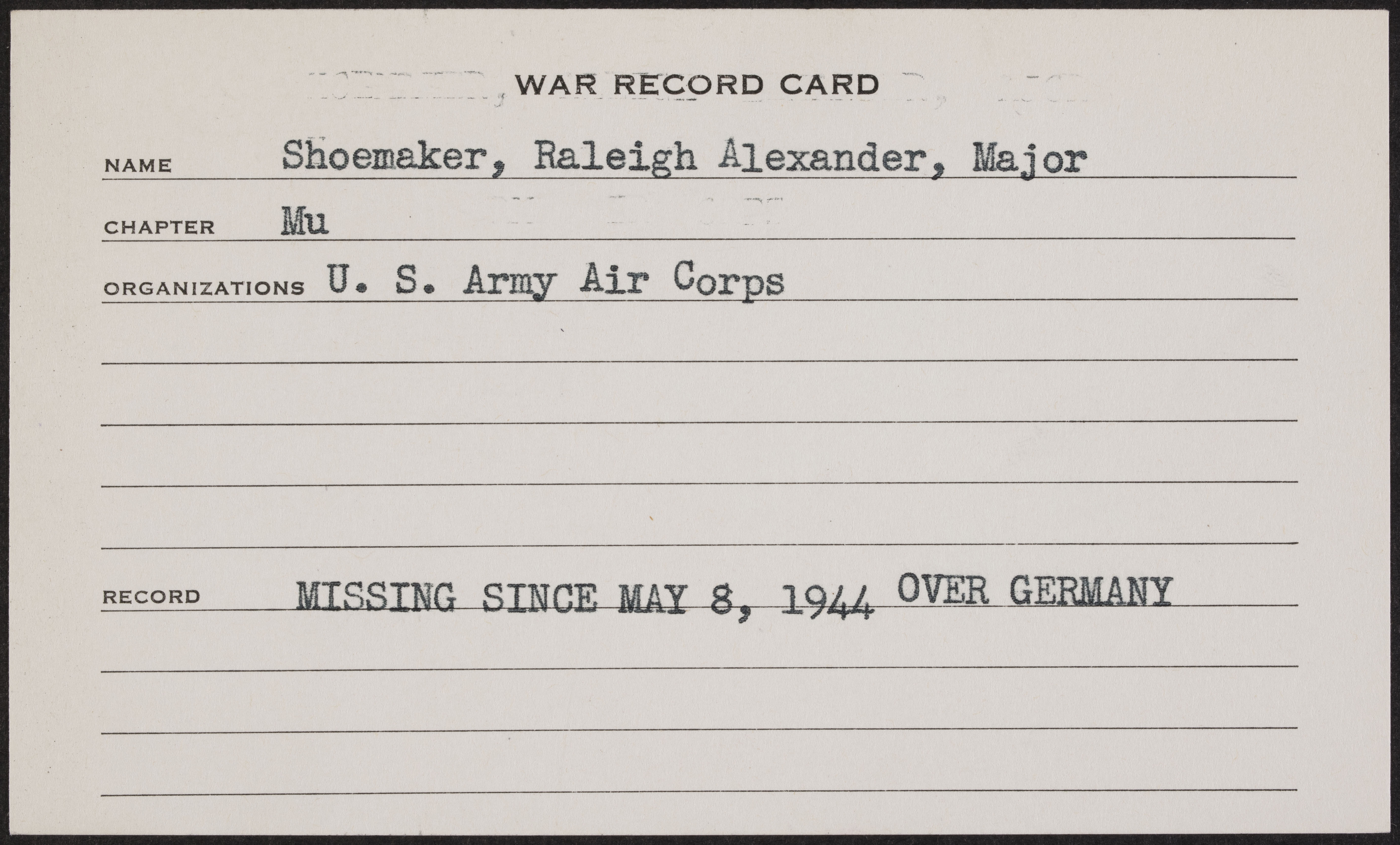 Raleigh Alexander Shoemaker War Record Card