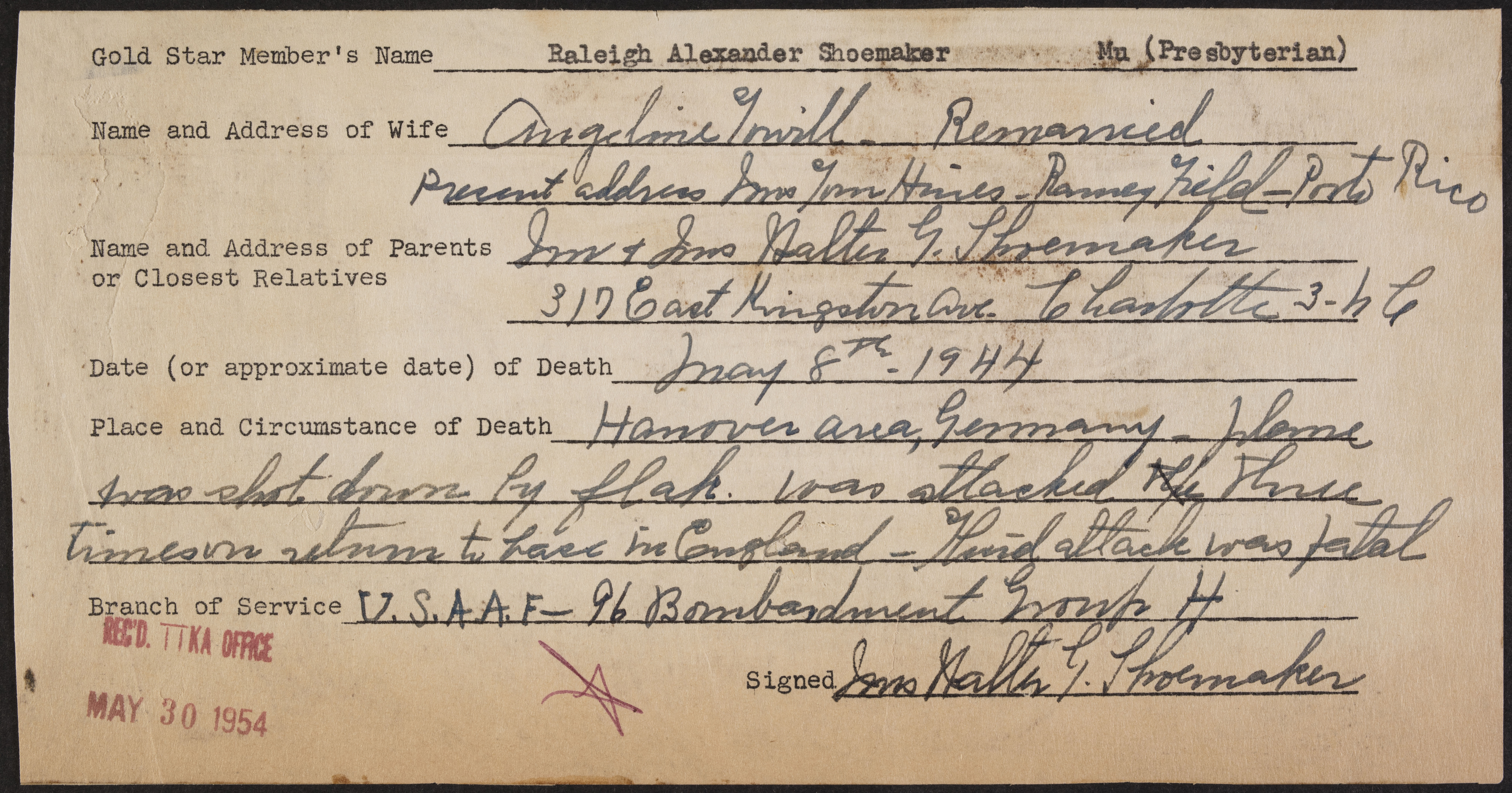 Raleigh Alexander Shoemaker War Record Form, May 30, 1954