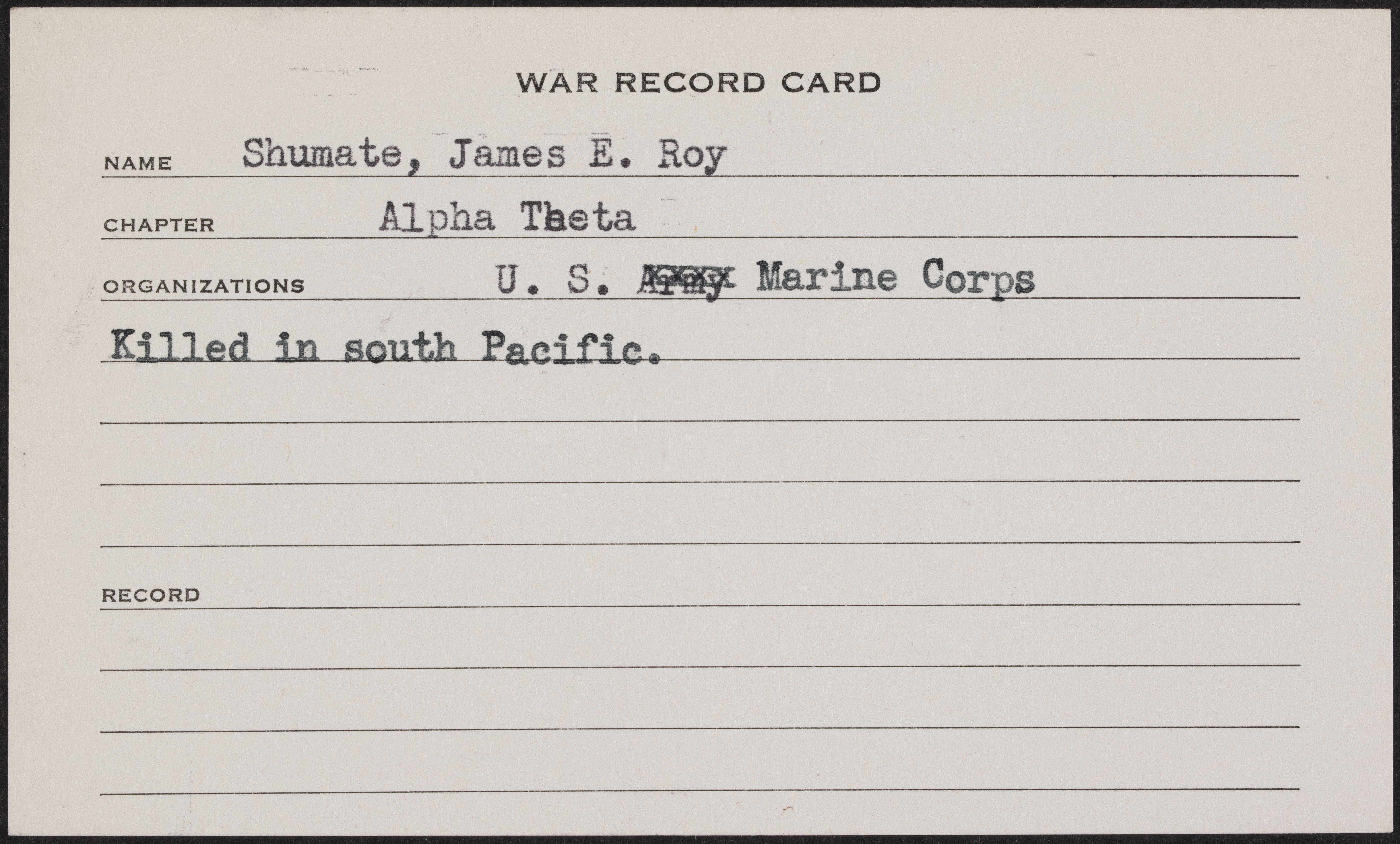 James Edward Ray Shumate War Record Card