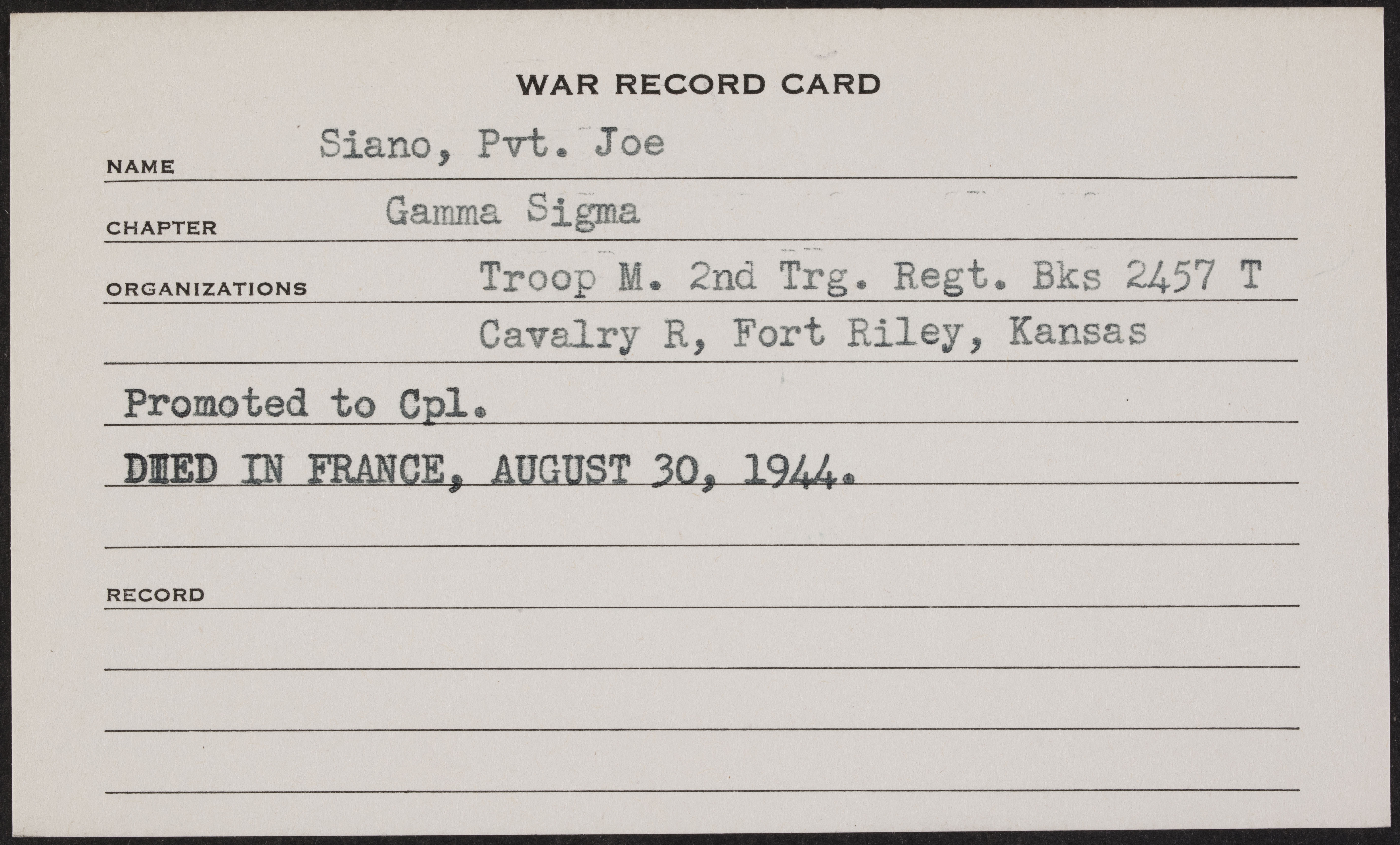 Joseph Carl Siano War Record Card