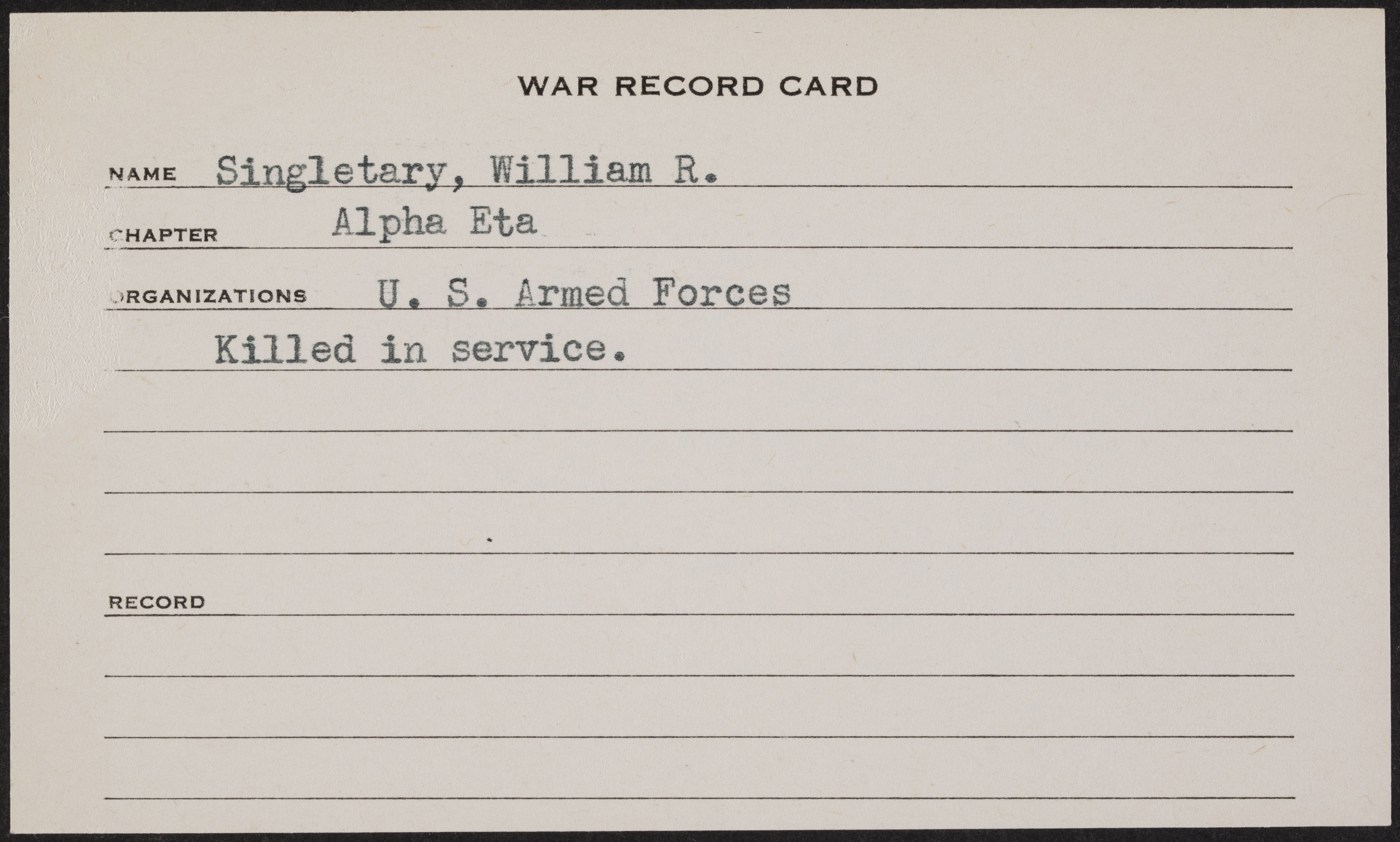 William Ross Singletary War Record Card