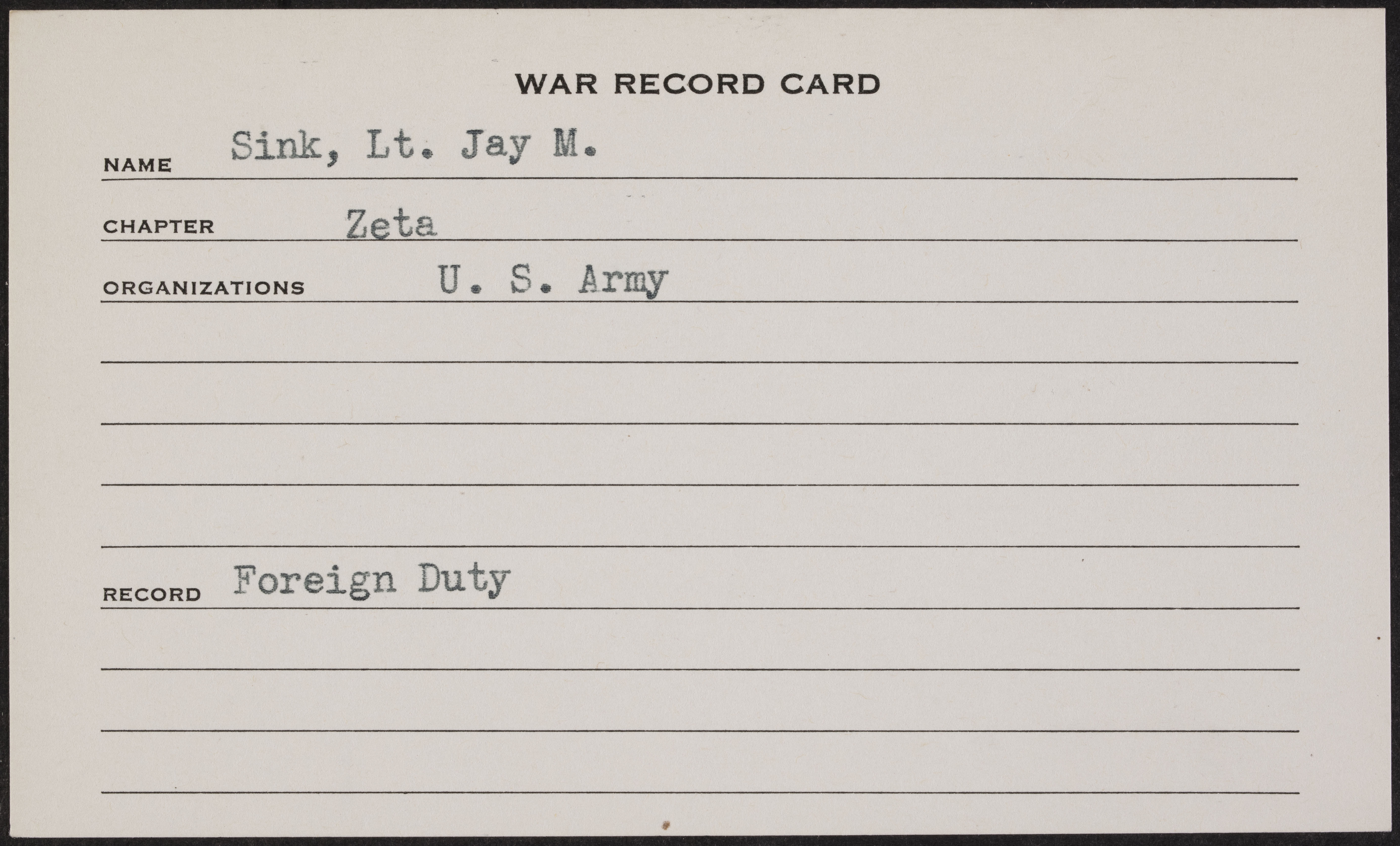 Jay Marvin Sink Jr. War Record Card