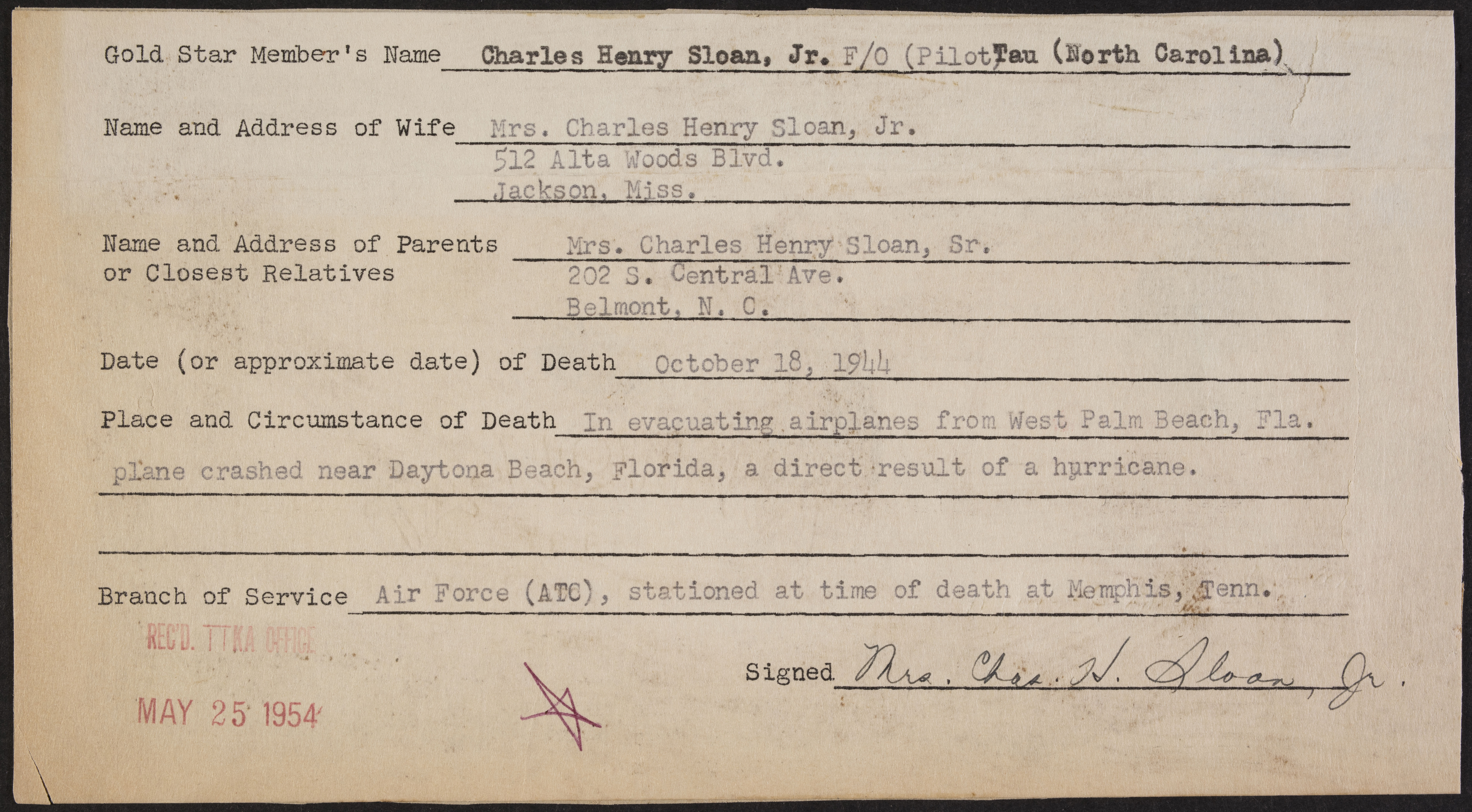 Charles Henry Sloan Jr. War Record Form, May 25, 1954