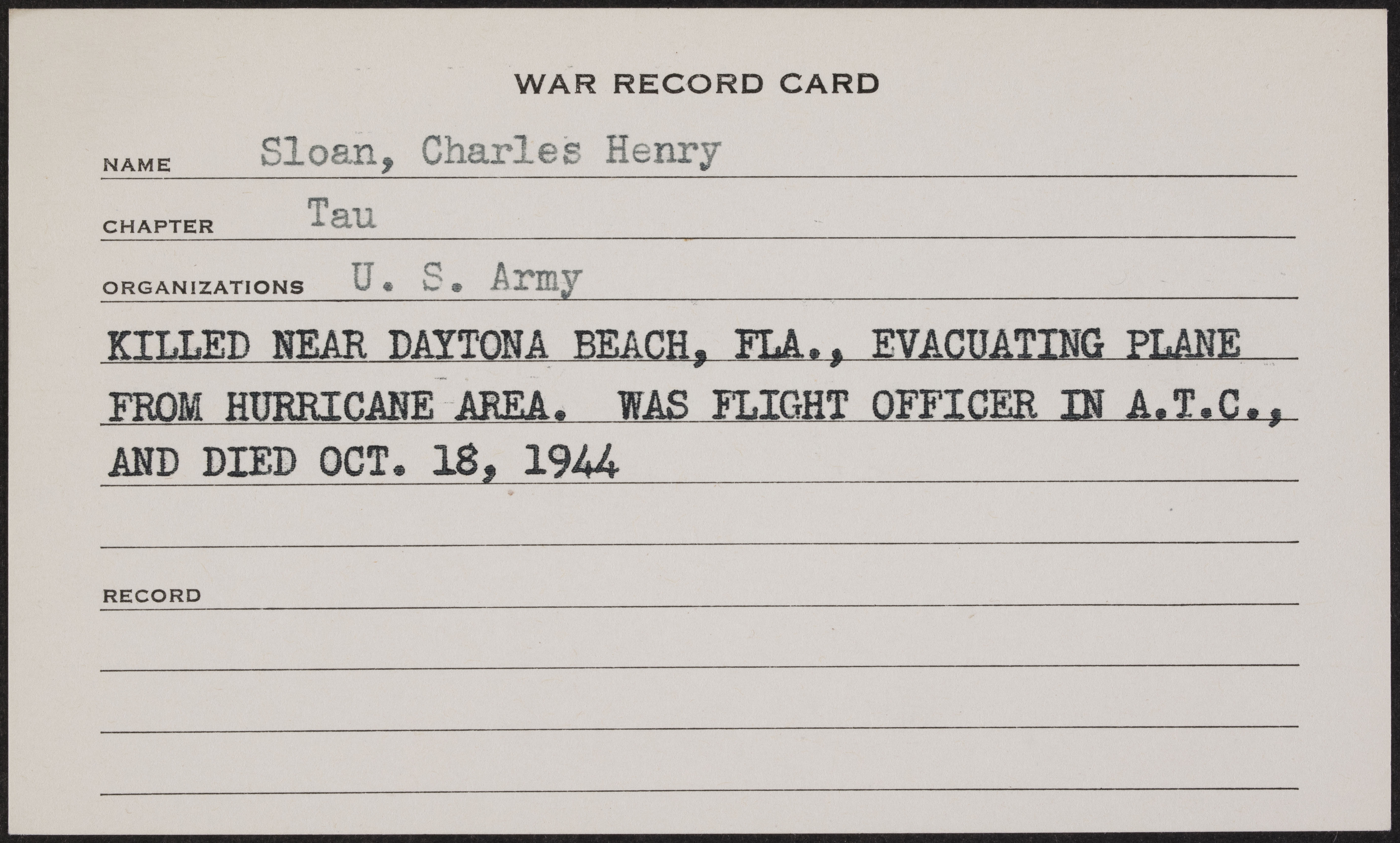 Charles Henry Sloan Jr. War Record Card