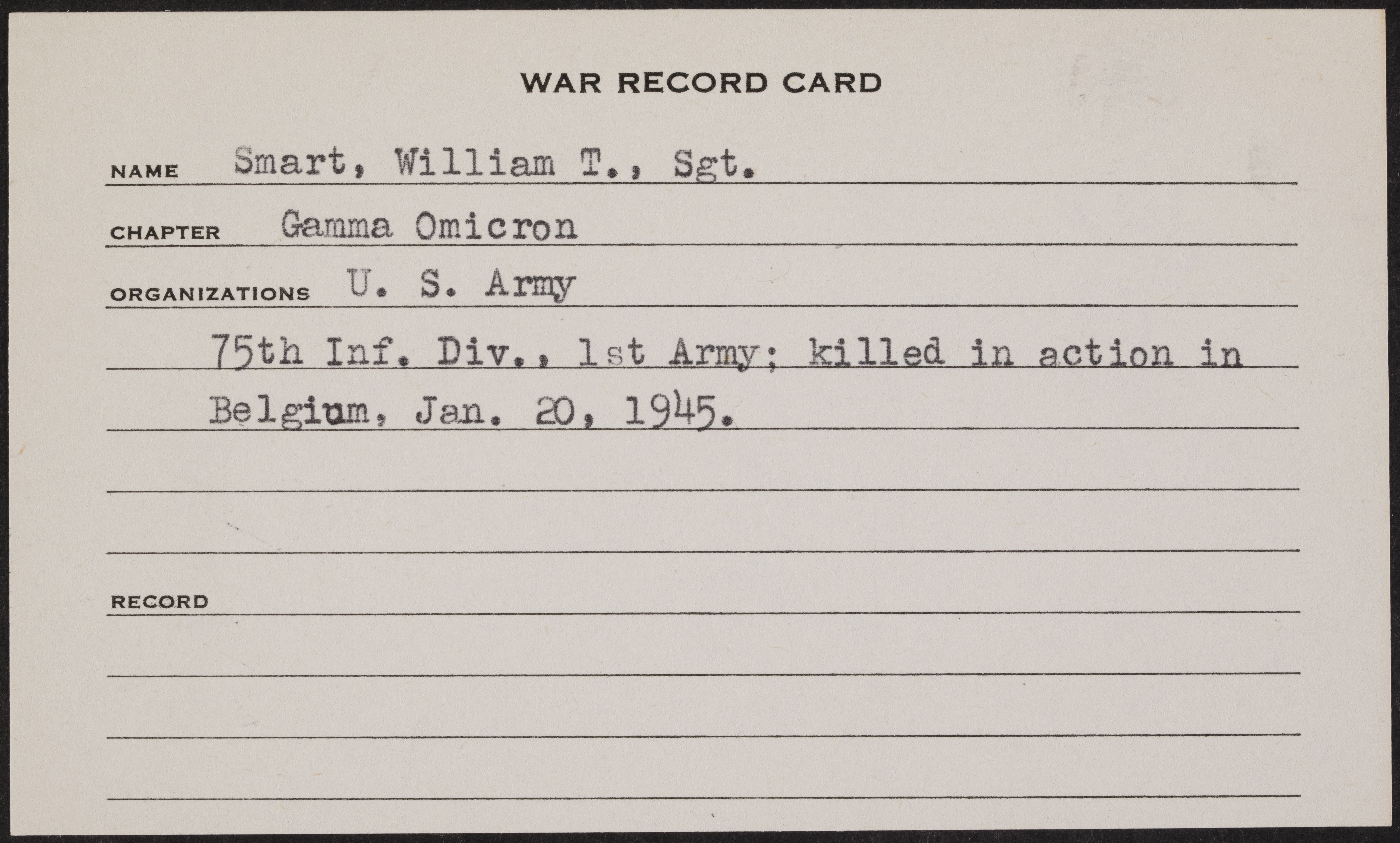 William Thurman Smart War Record Card