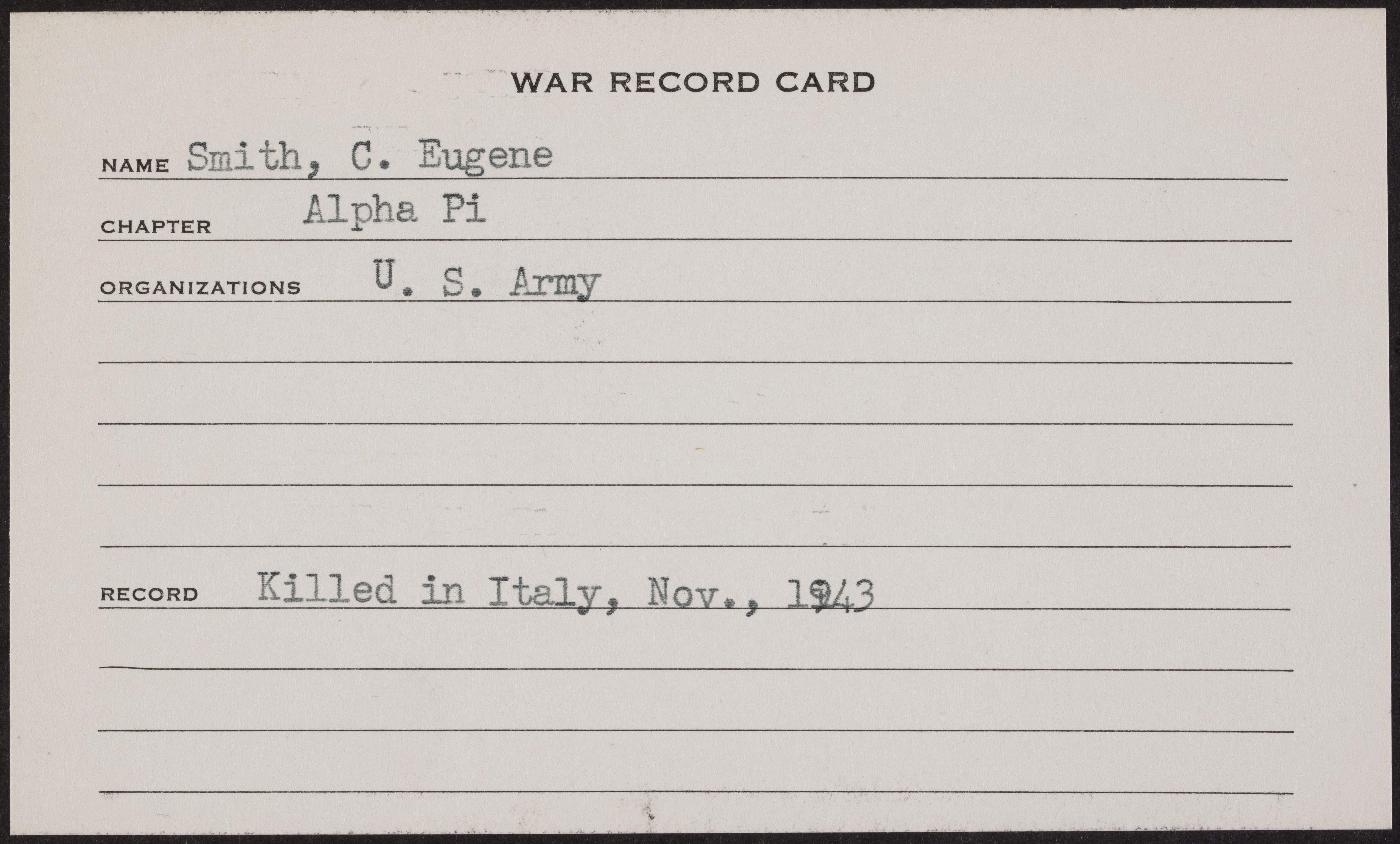 Carl Eugene Smith War Record Card