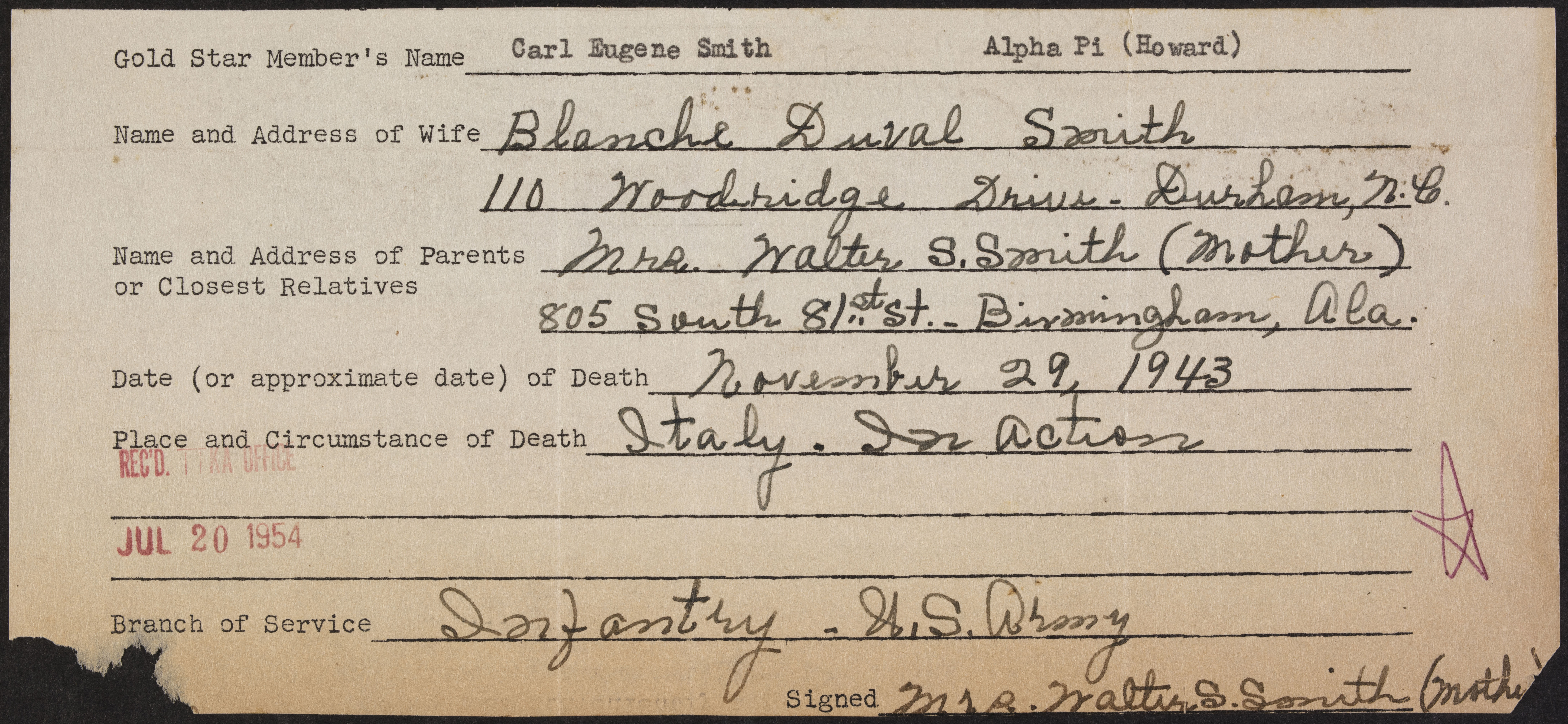 Carl Eugene Smith War Record Form, July 20, 1954