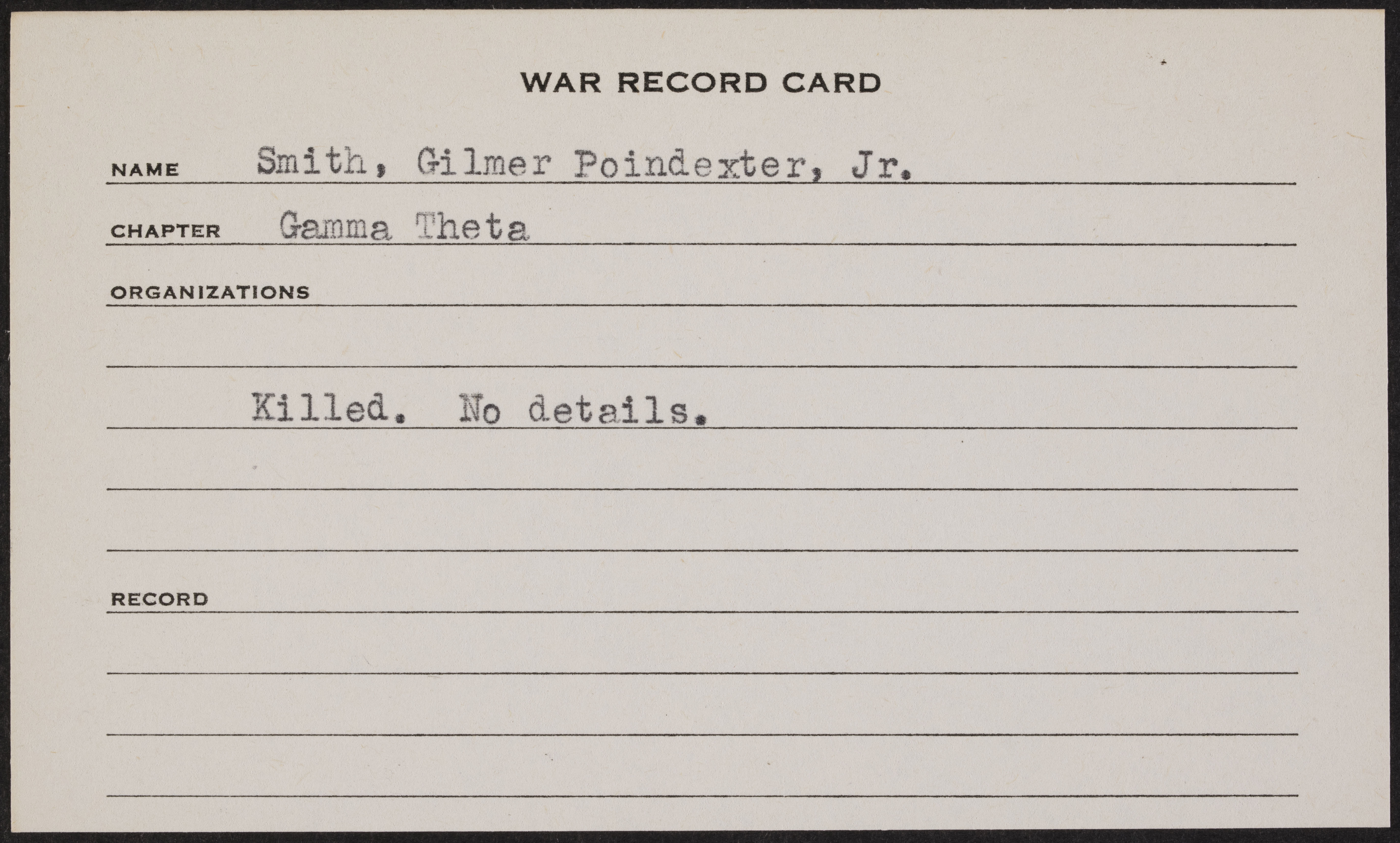 Gilmer Poindexter Smith Jr. War Record Card