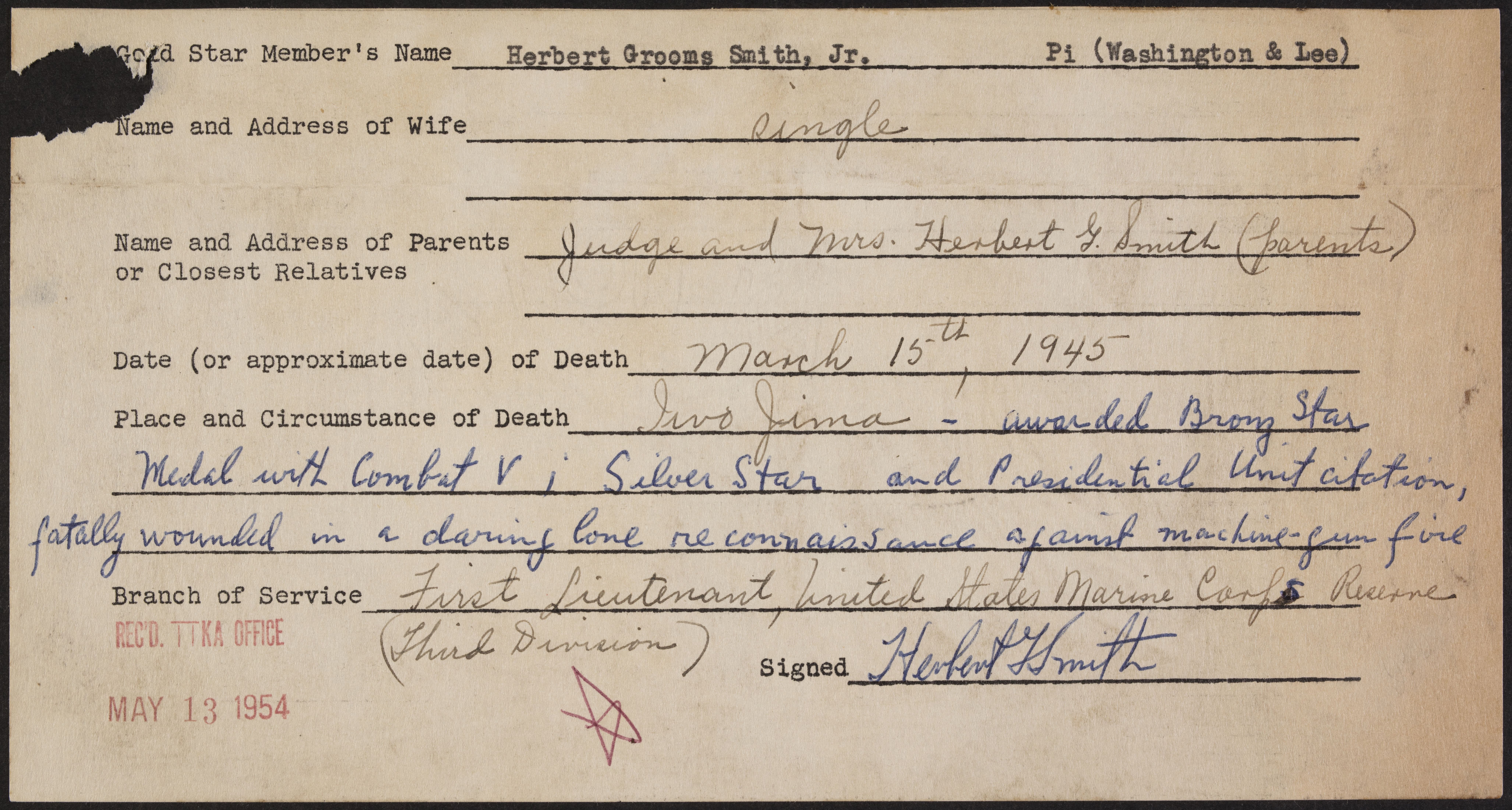 Herbert Grooms Smith Jr. War Record Form, May 13, 1954