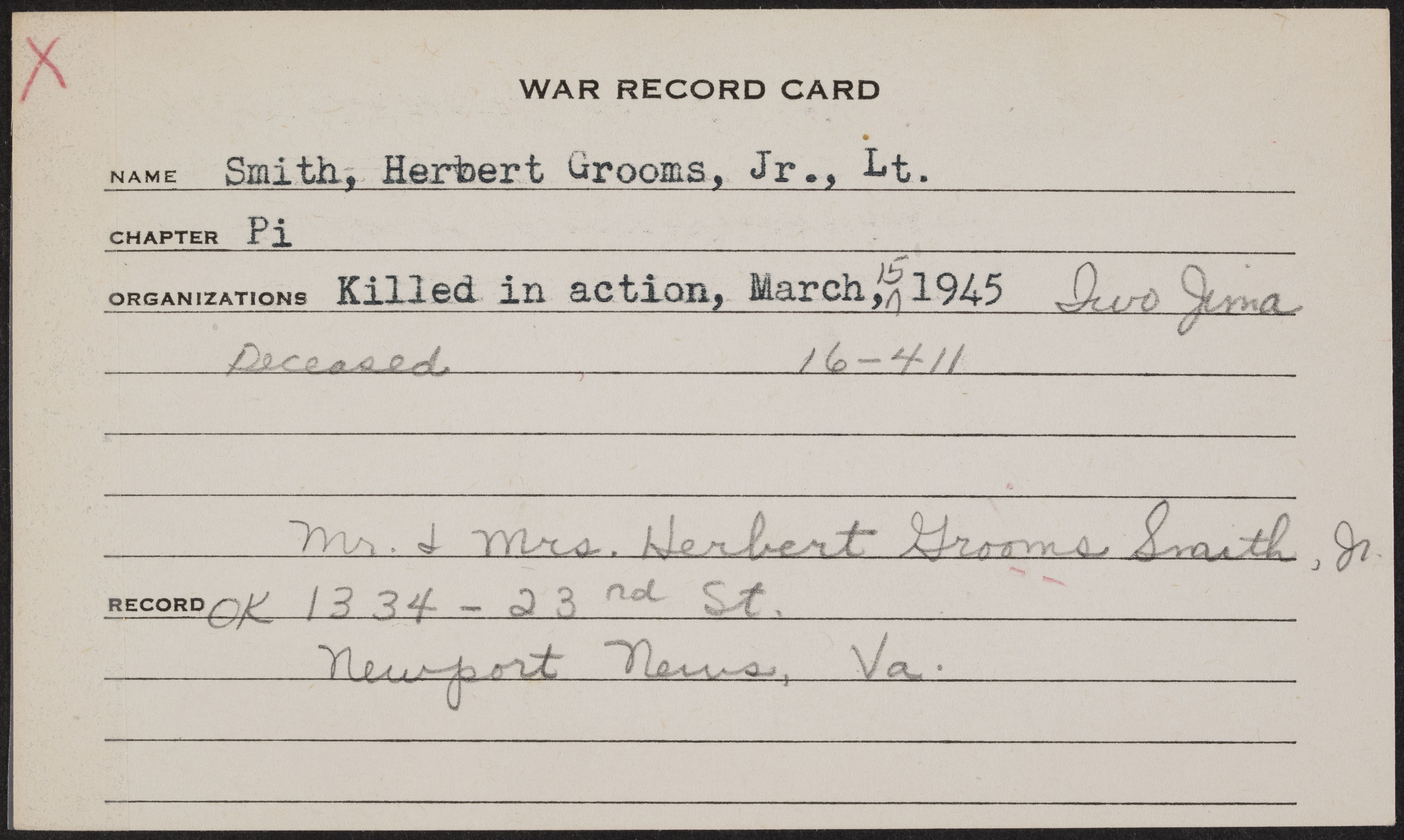 Herbert Grooms Smith Jr. War Record Card