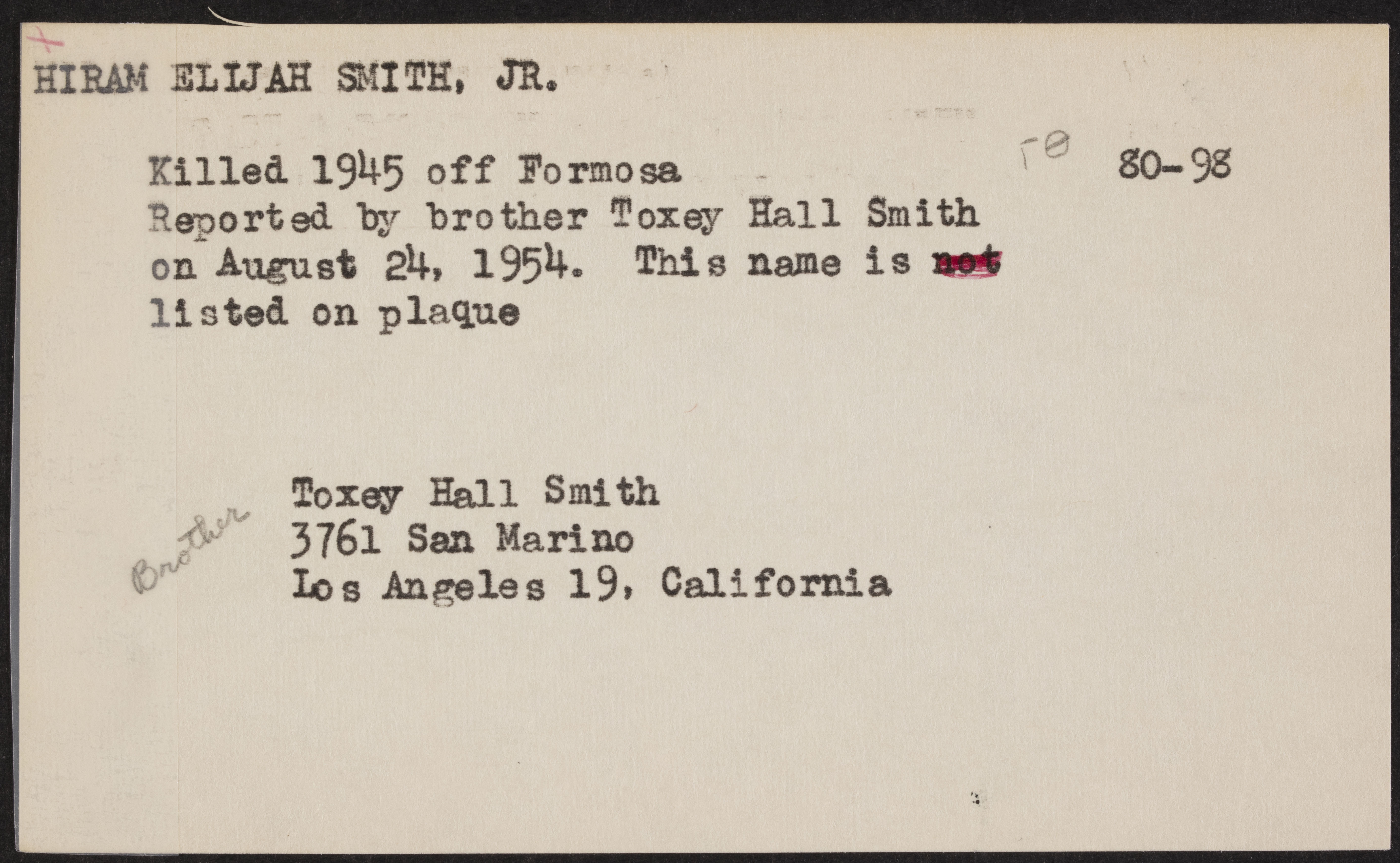 Hiram Elijah Smith Jr. War Record Card