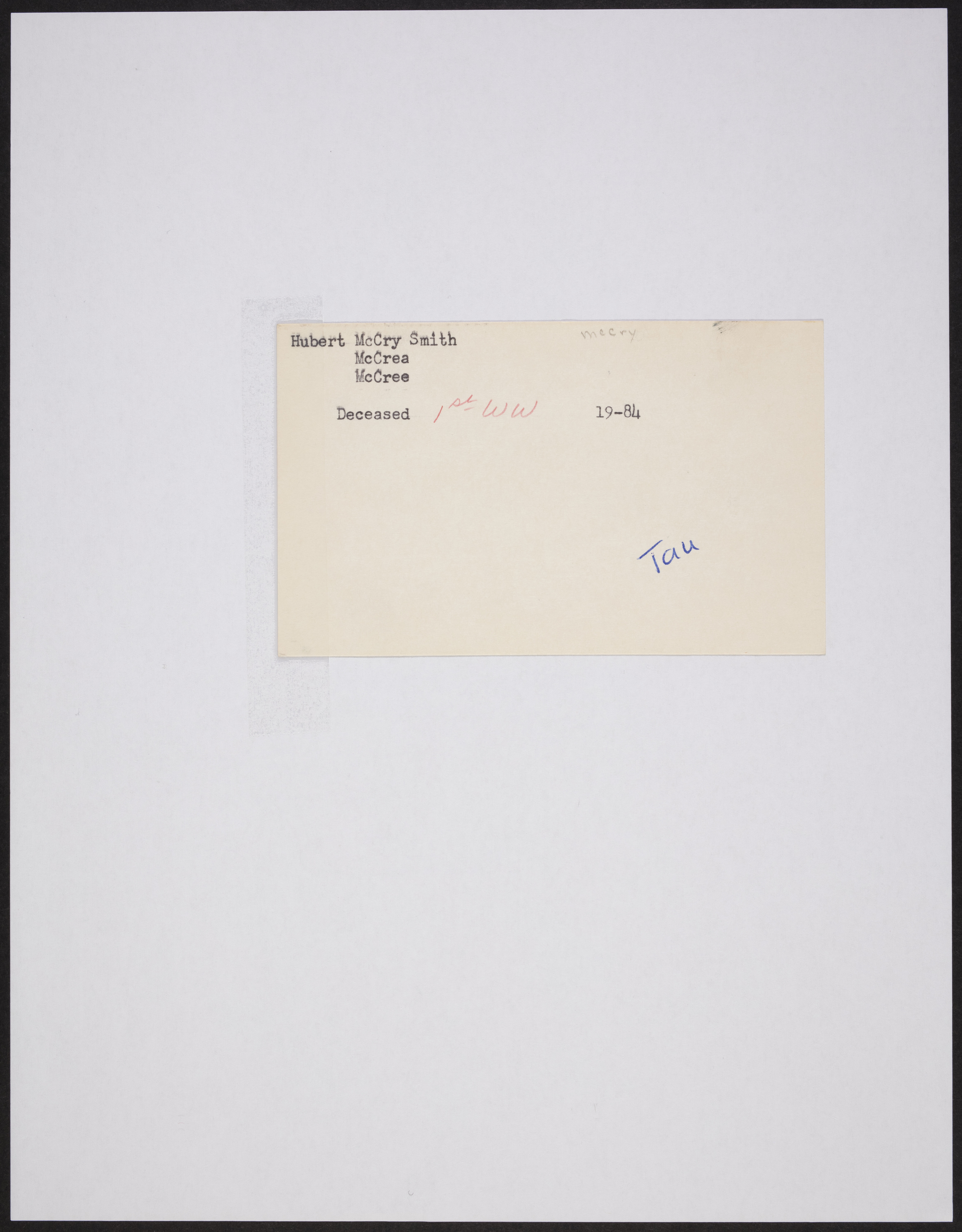 Hubert McCrea Smith War Record Card