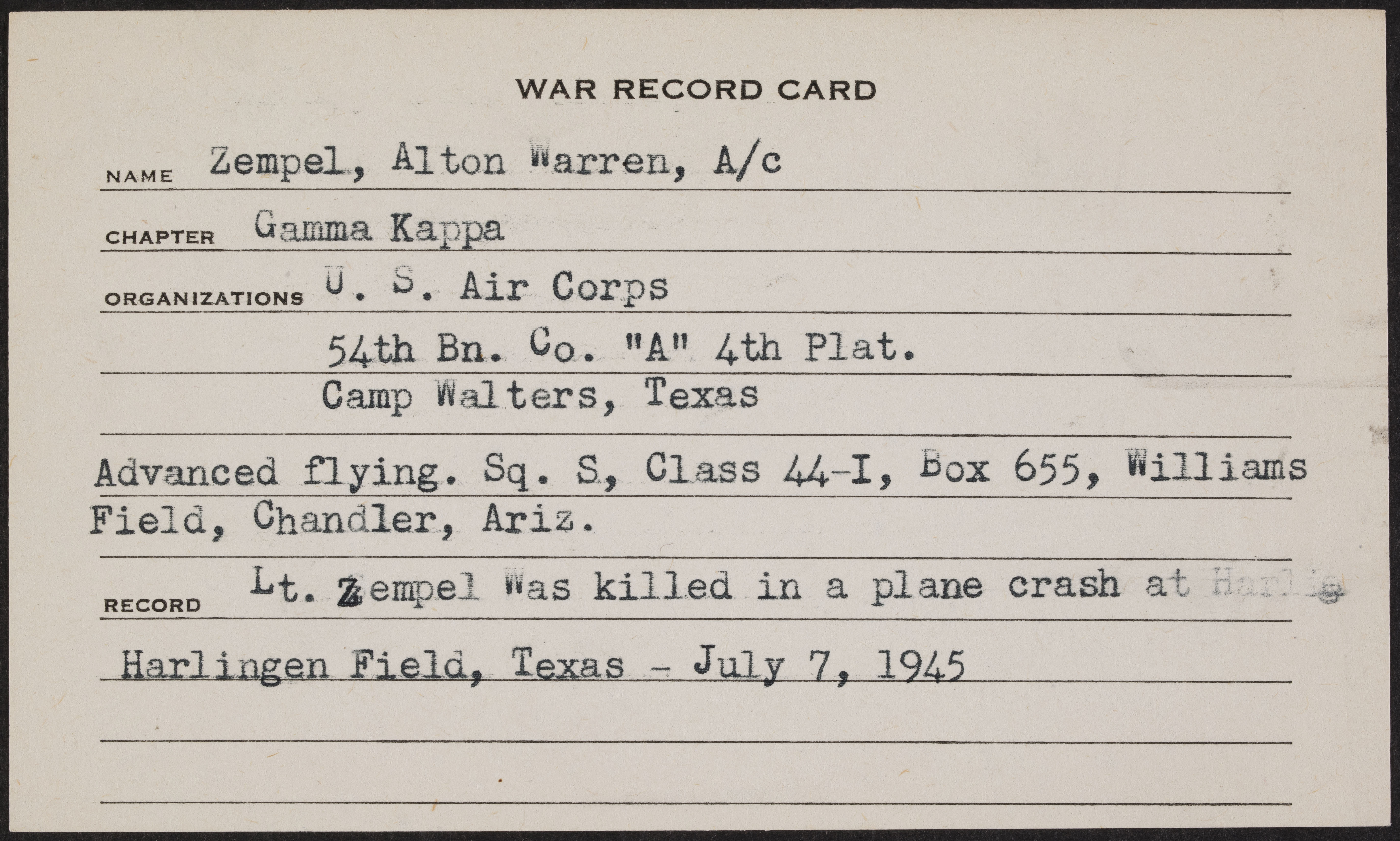 Alton Warren Zempel War Record Card