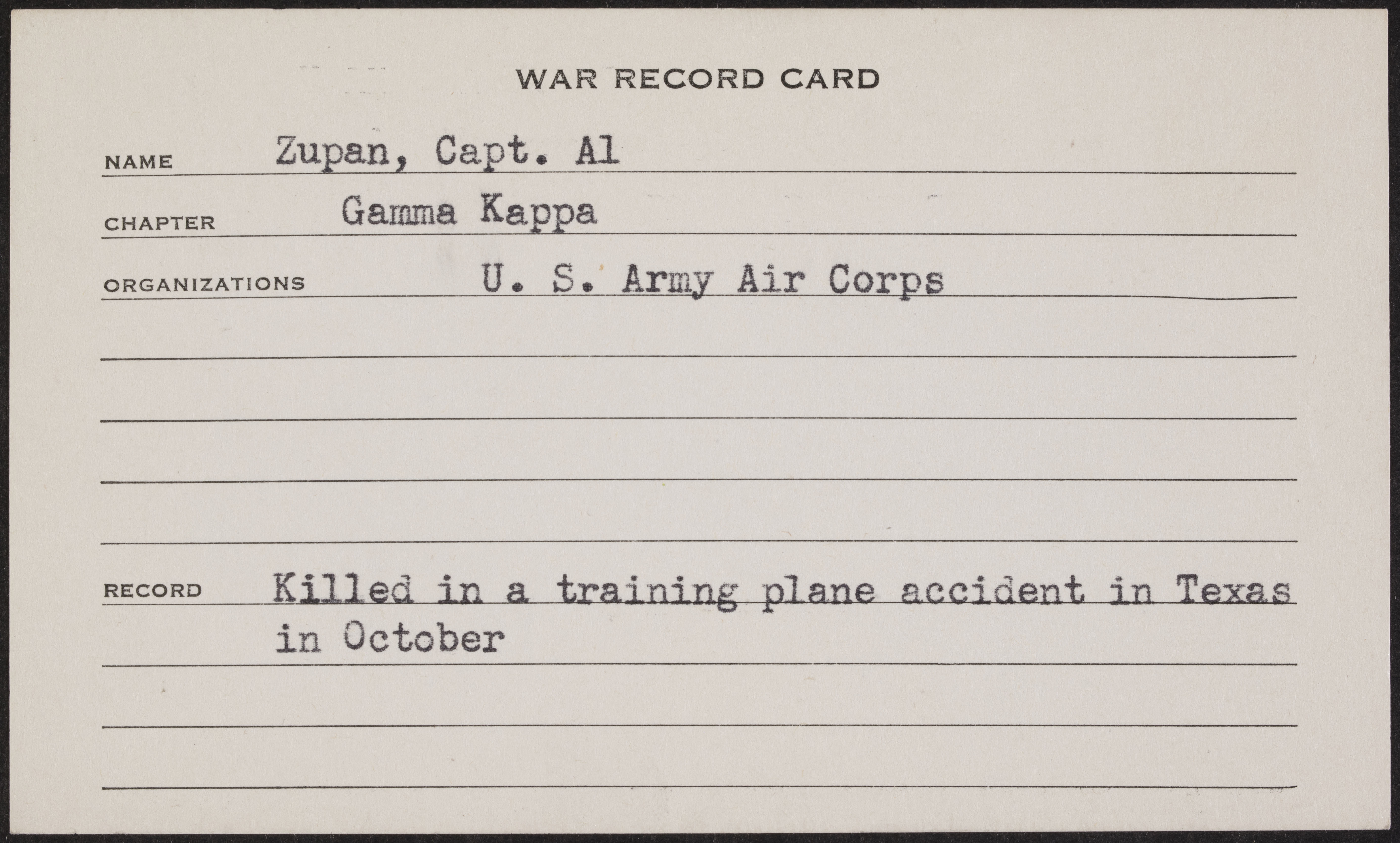 Albert A. Zupan War Record Card