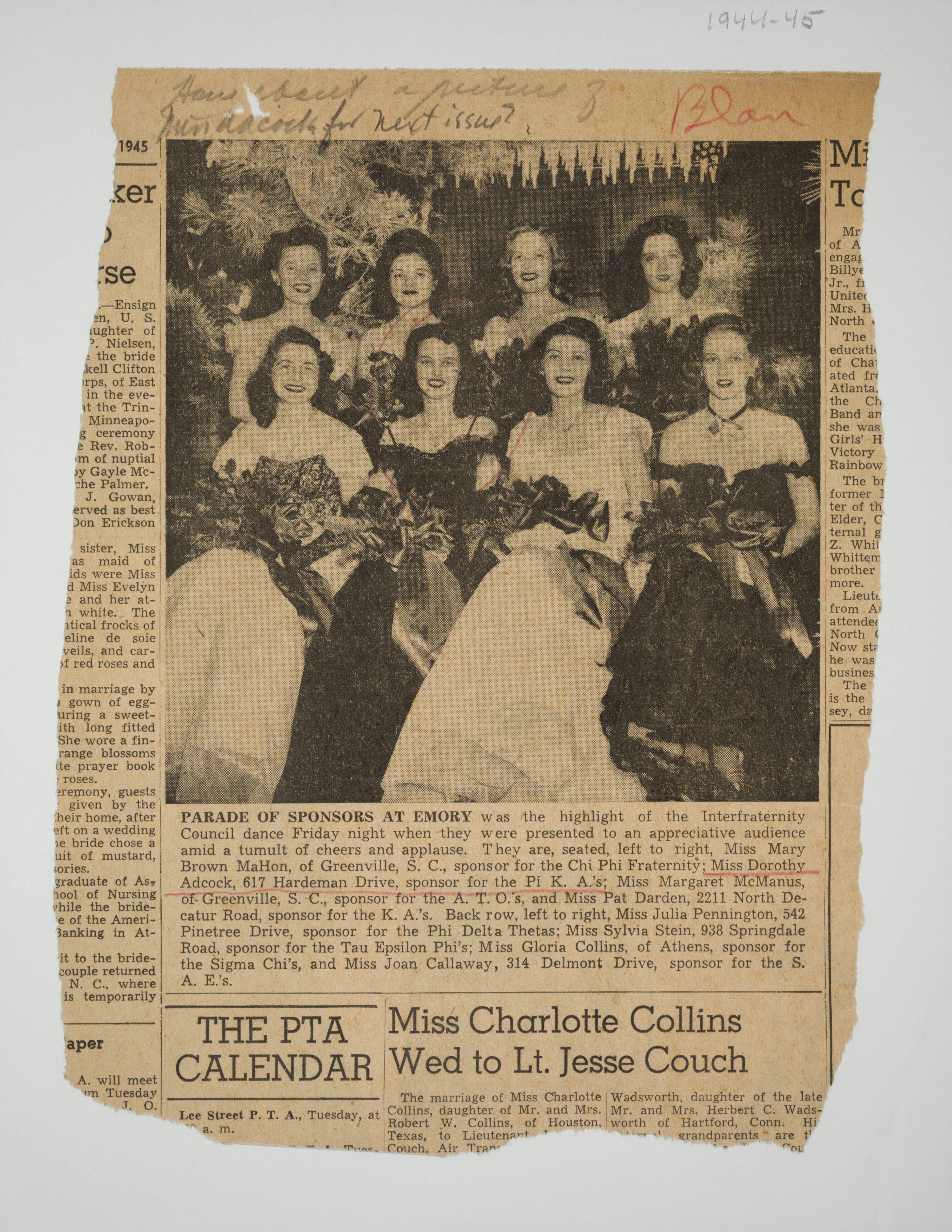 Parade of Sponsors at Emory Newspaper Clipping, 1944-1945