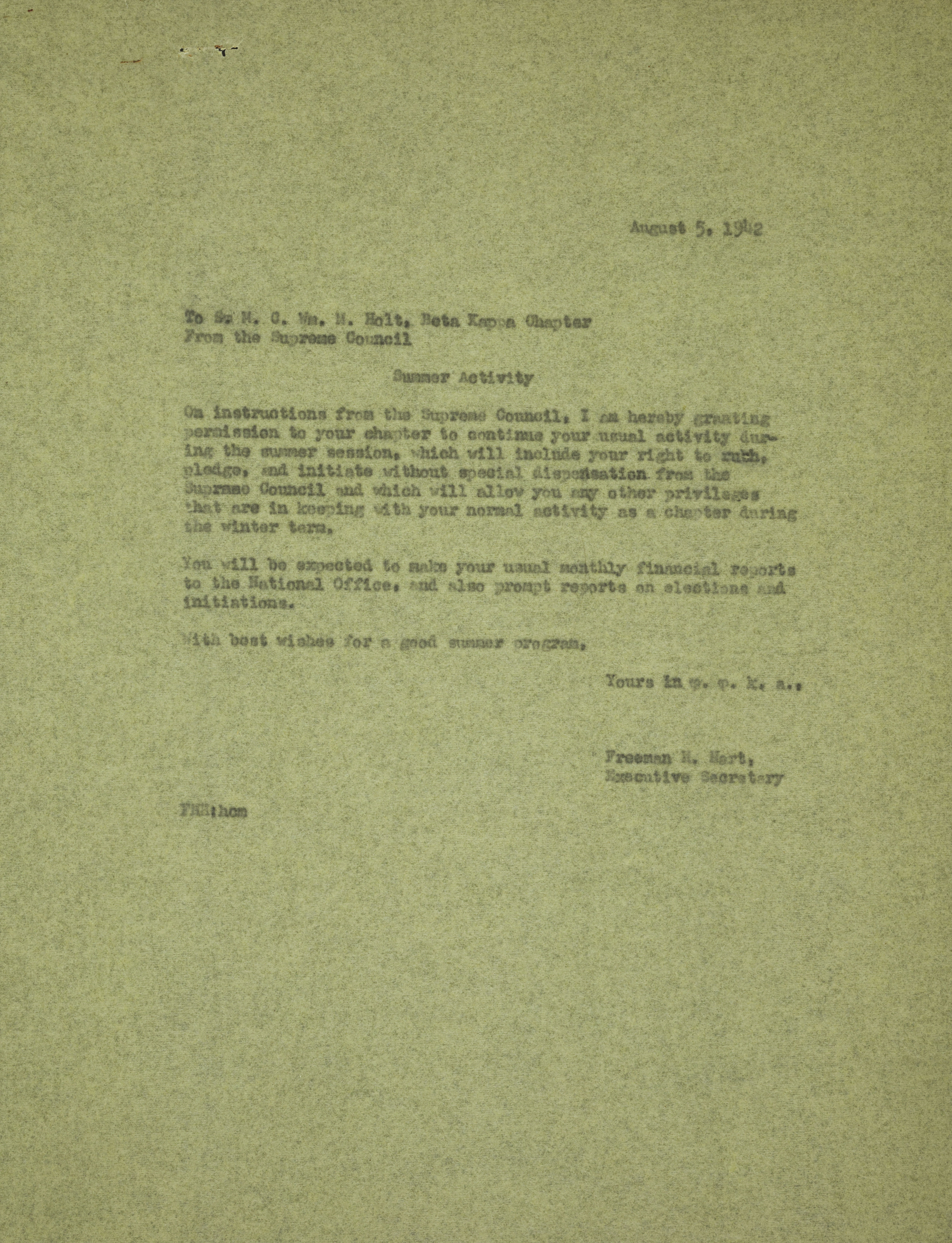 Freeman H. Hart to Wm. M. Holt Letter, August 5, 1942