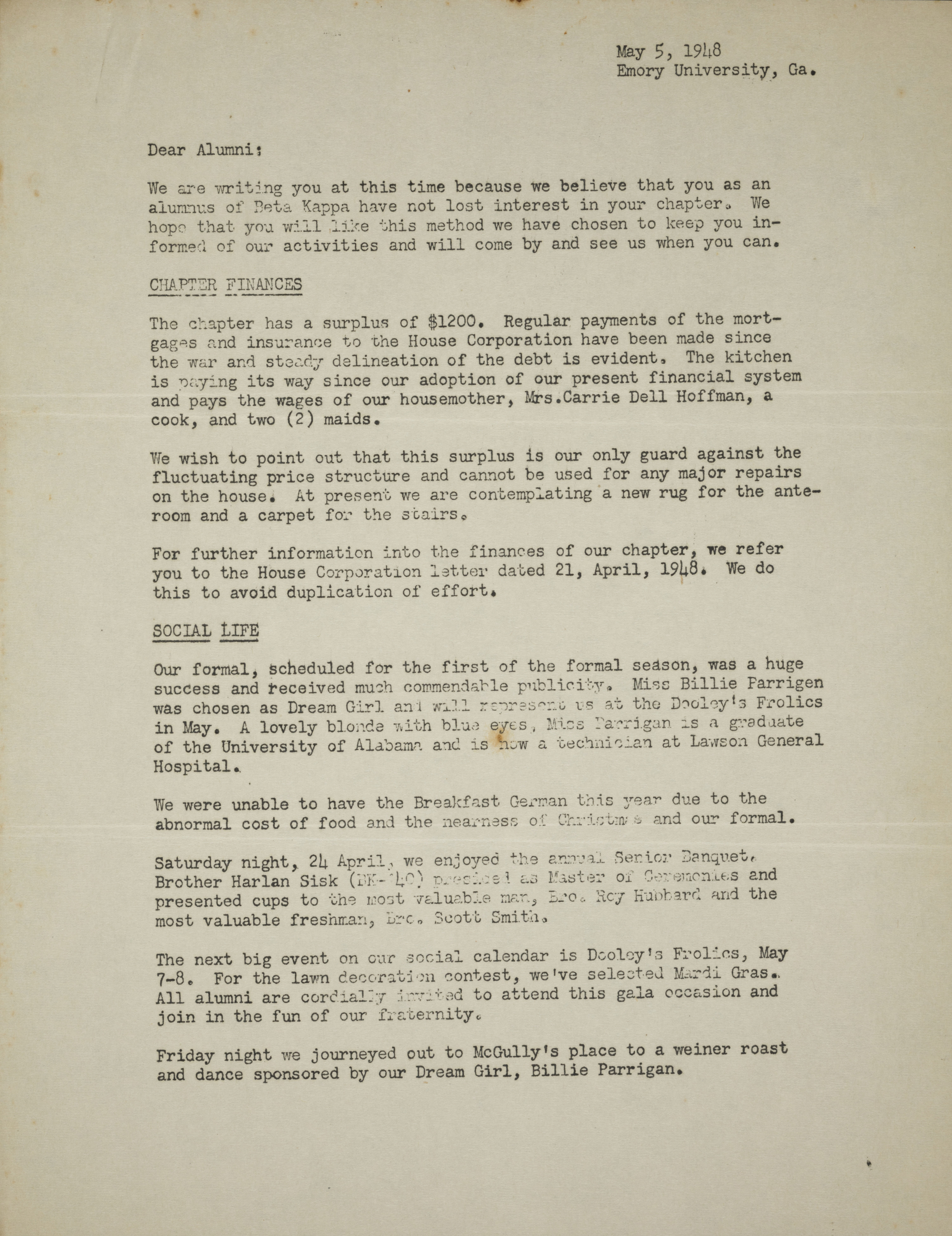 Robert H. Hart to Beta Kappa Alumni Letter, May 5, 1948