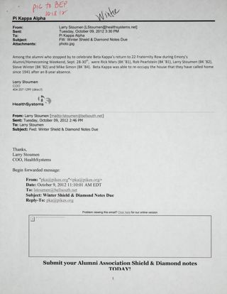 Larry Stoumen to Pi Kappa Alpha Email, October 9, 2012