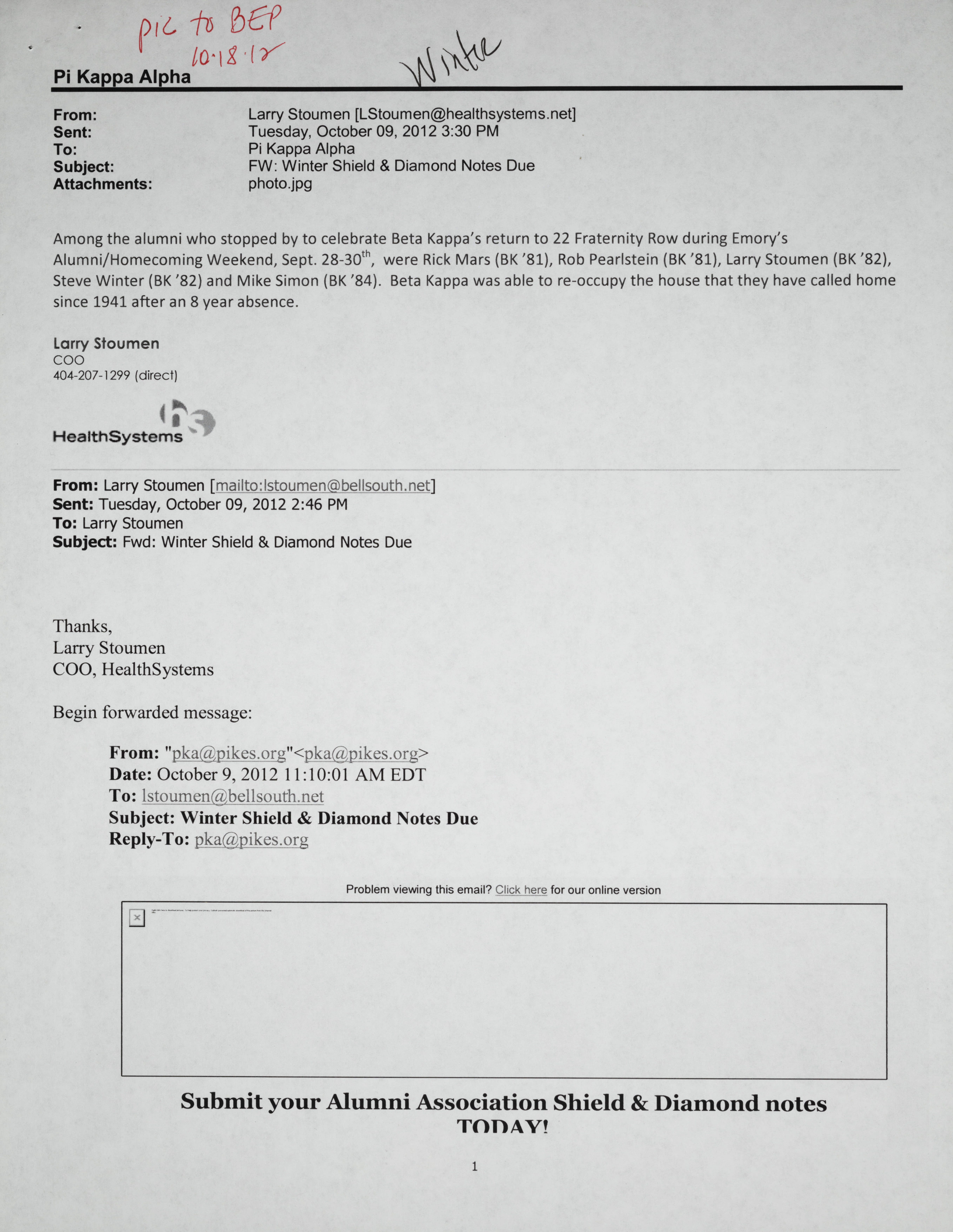 Larry Stoumen to Pi Kappa Alpha Email, October 9, 2012
