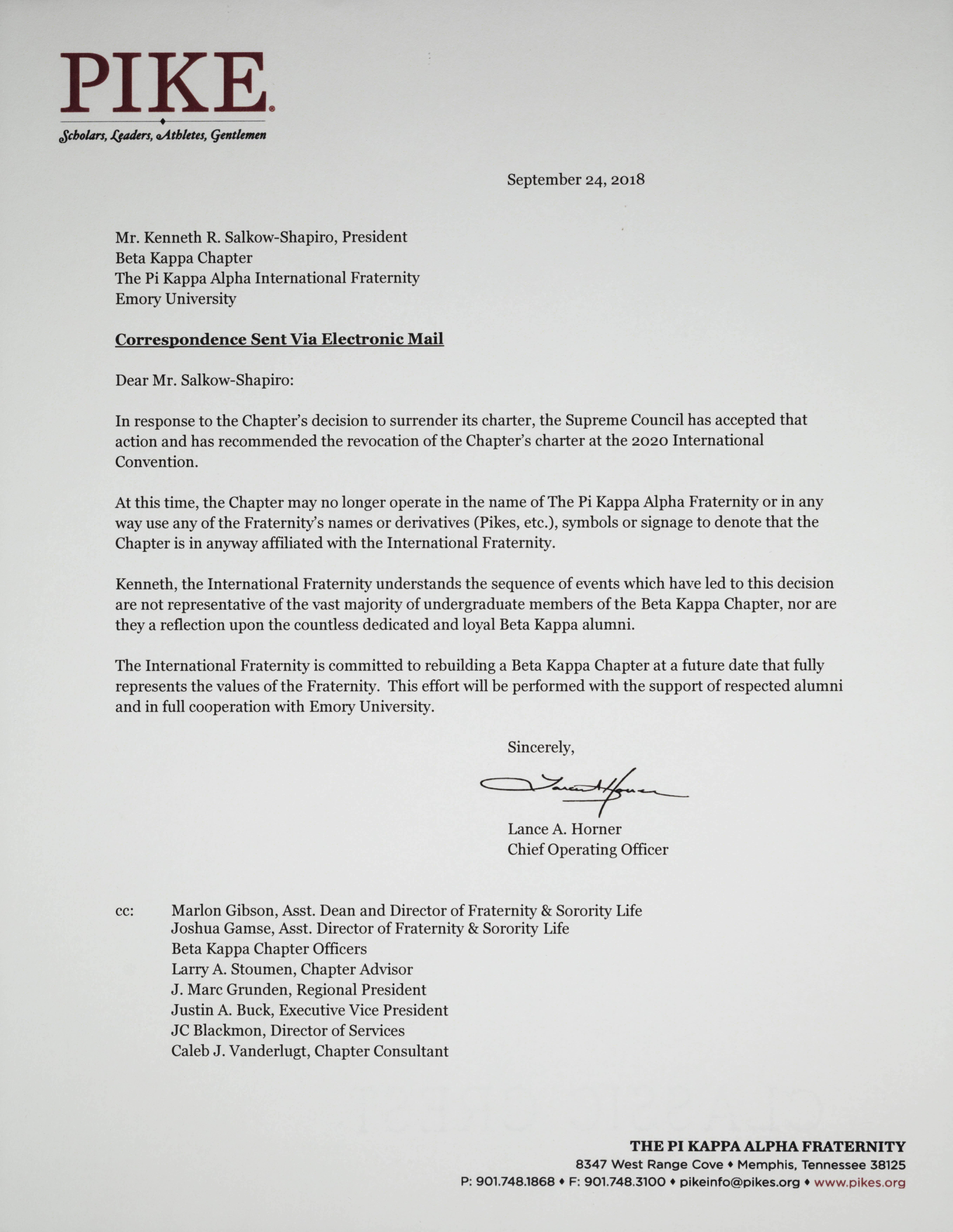 Lance A. Horner to Kenneth R. Salkow-Shapiro Letter, September 24, 2018