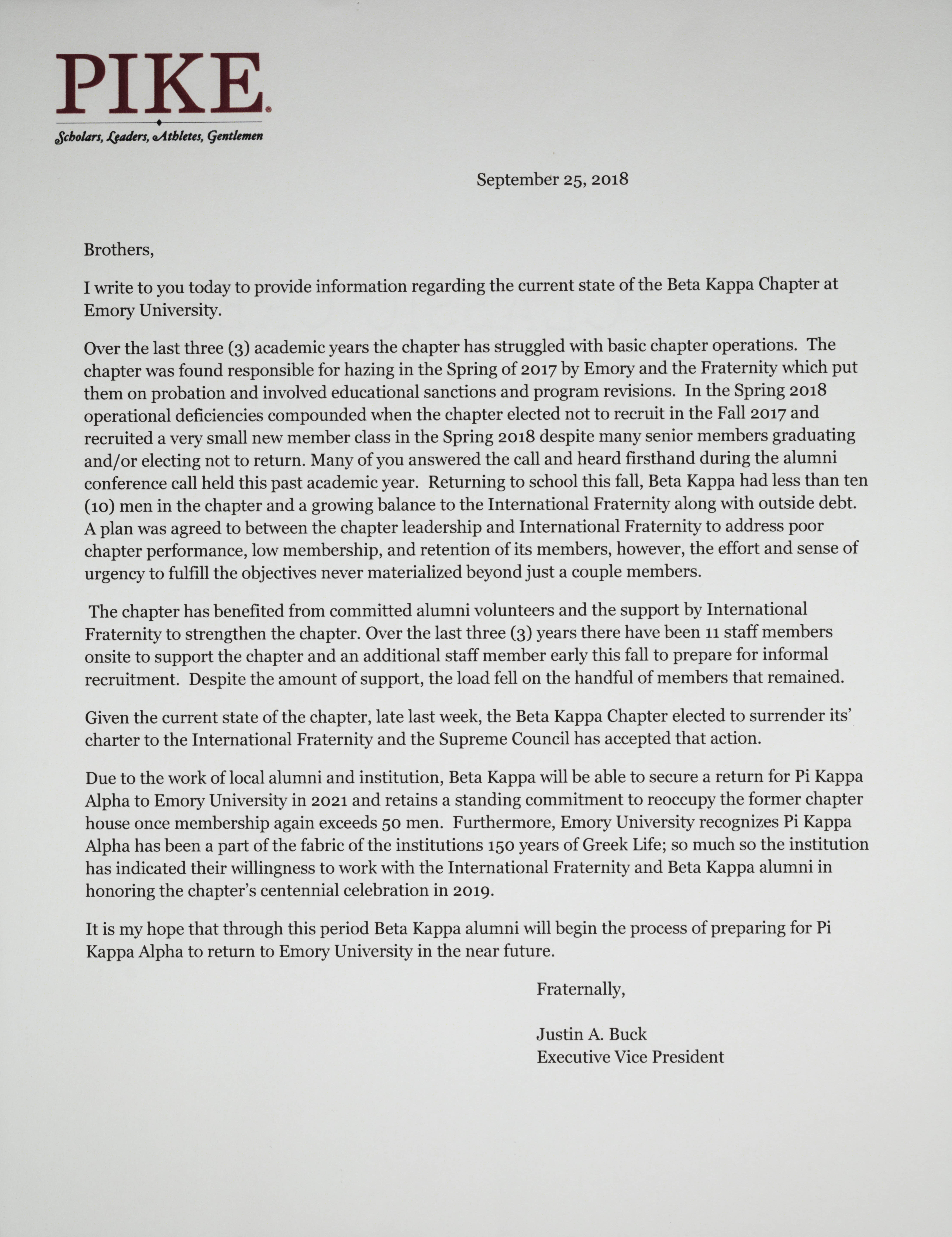 Justin A. Buck to Brothers Letter, September 25, 2018