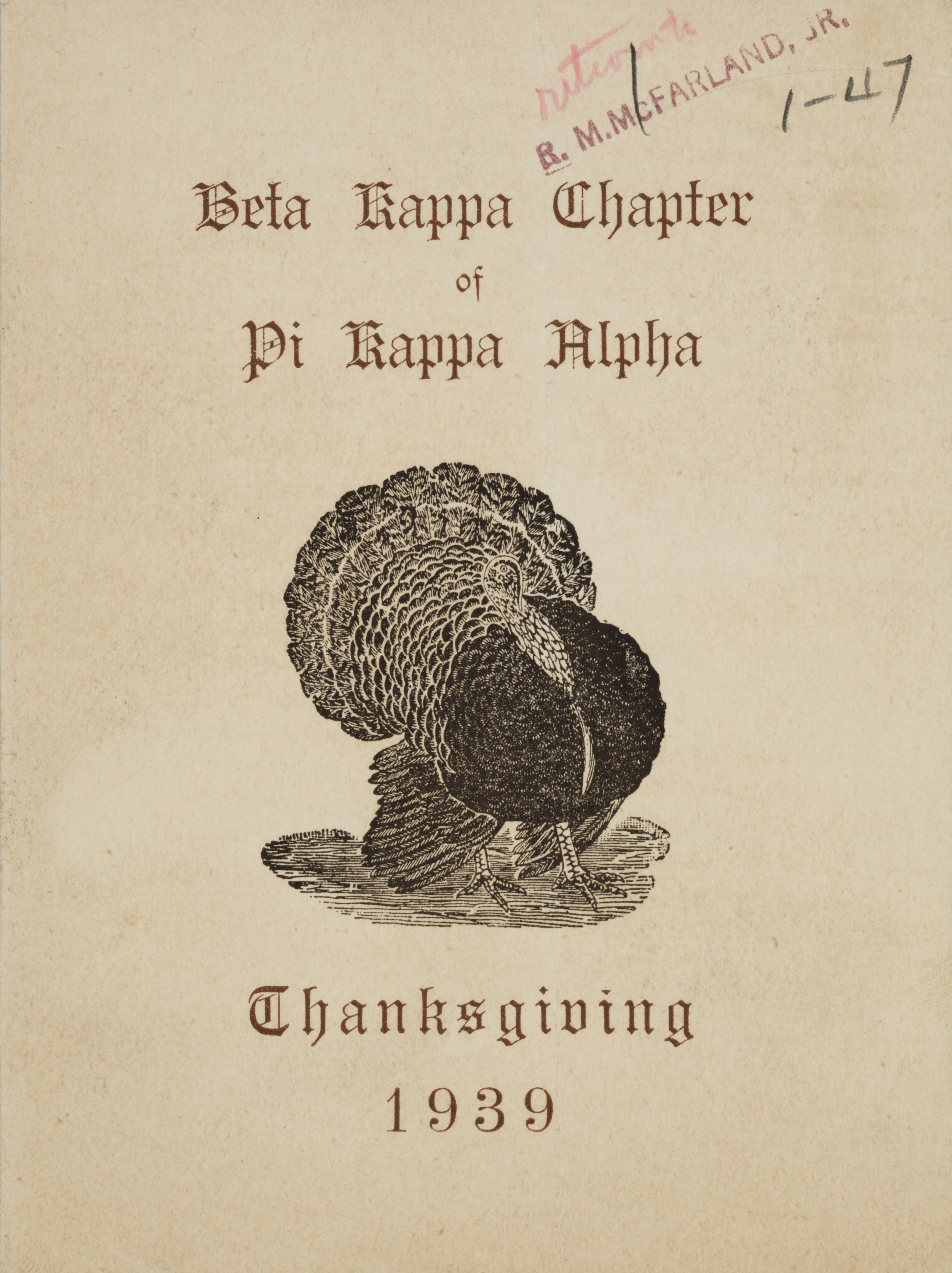 Beta Kappa Chapter Thanksgiving Invitation, November 23, 1939