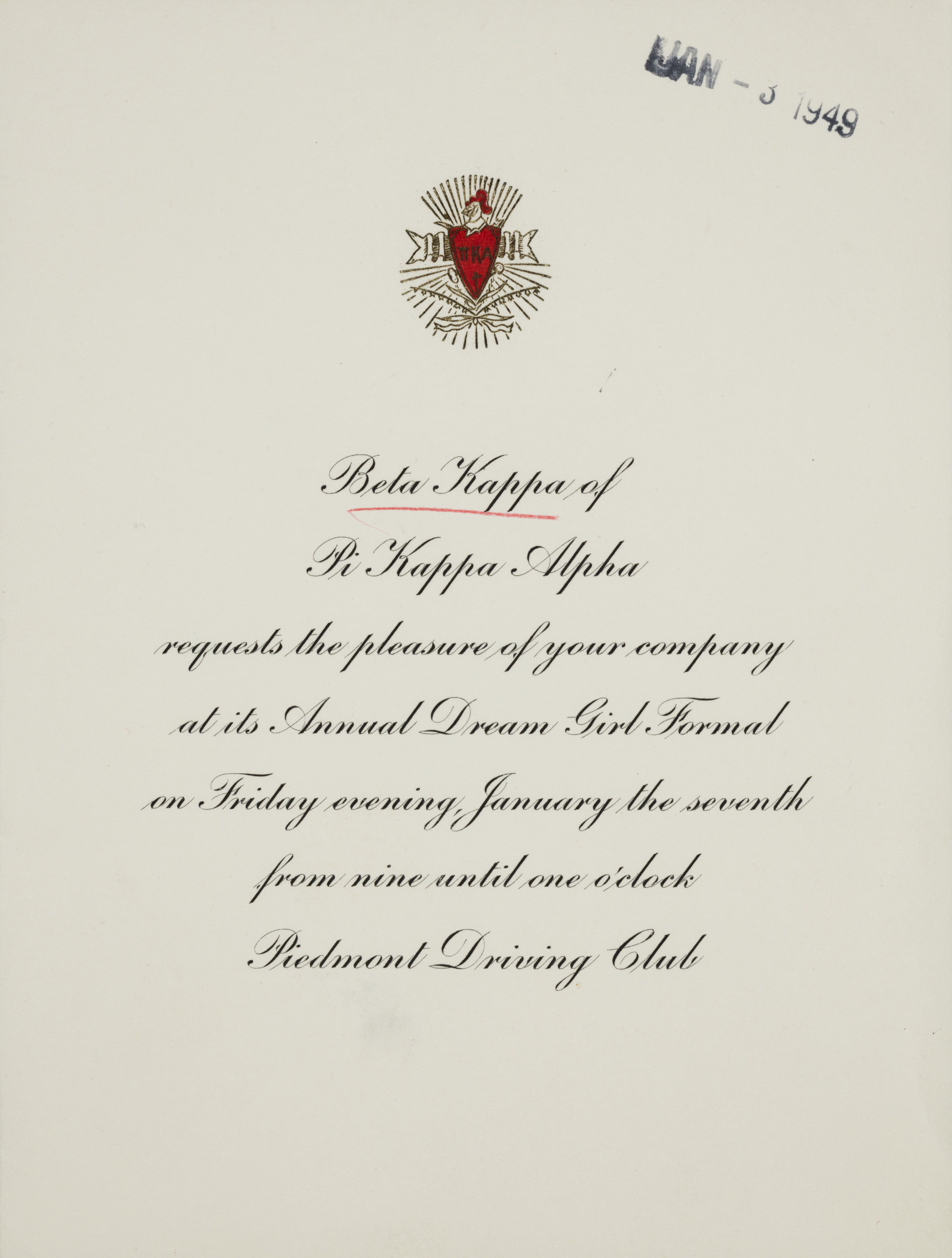 Beta Kappa Dream Girl Formal Invitation, January 7, 1949