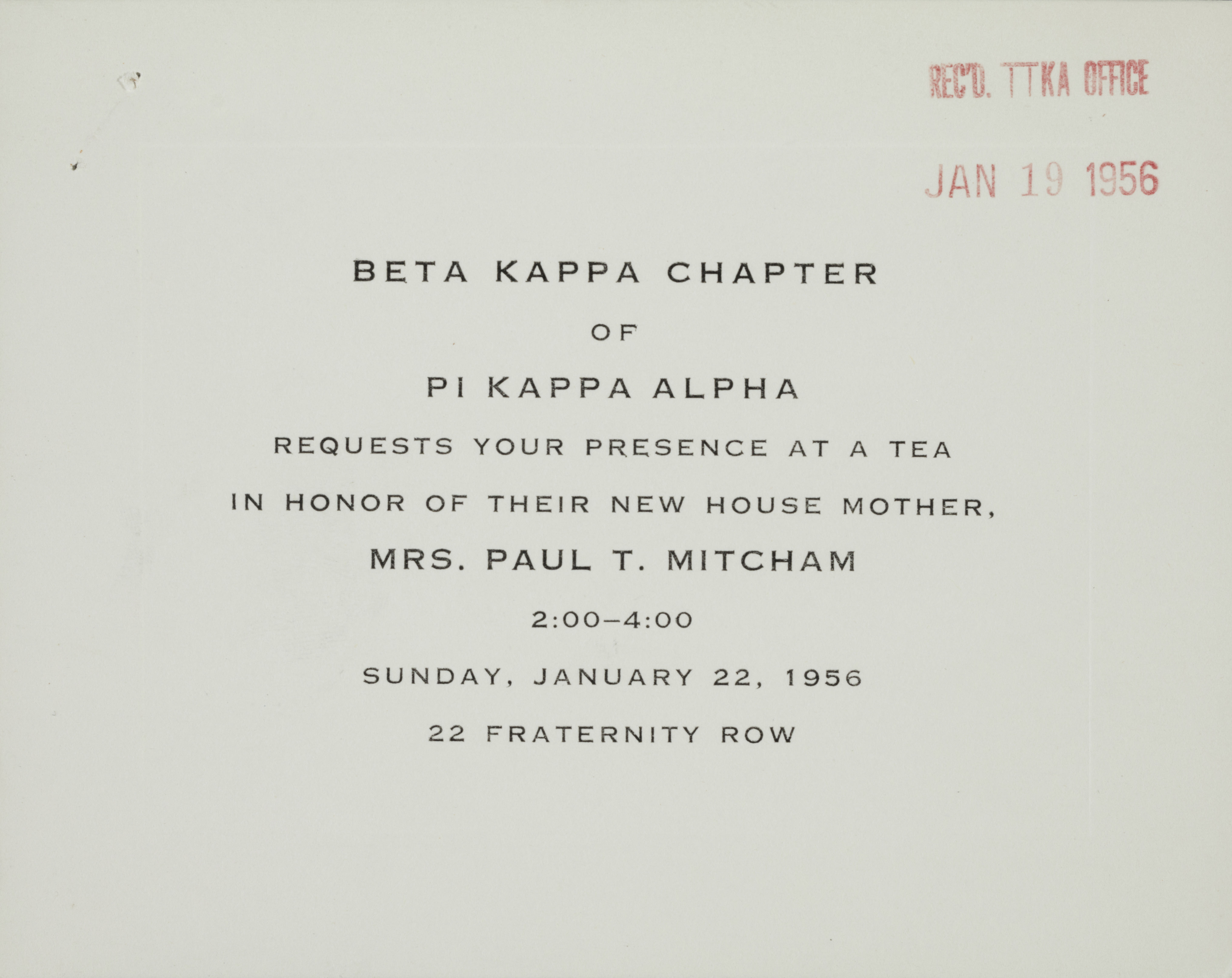 Beta Kappa Chapter Housemother Reception Invitation, January 22, 1956
