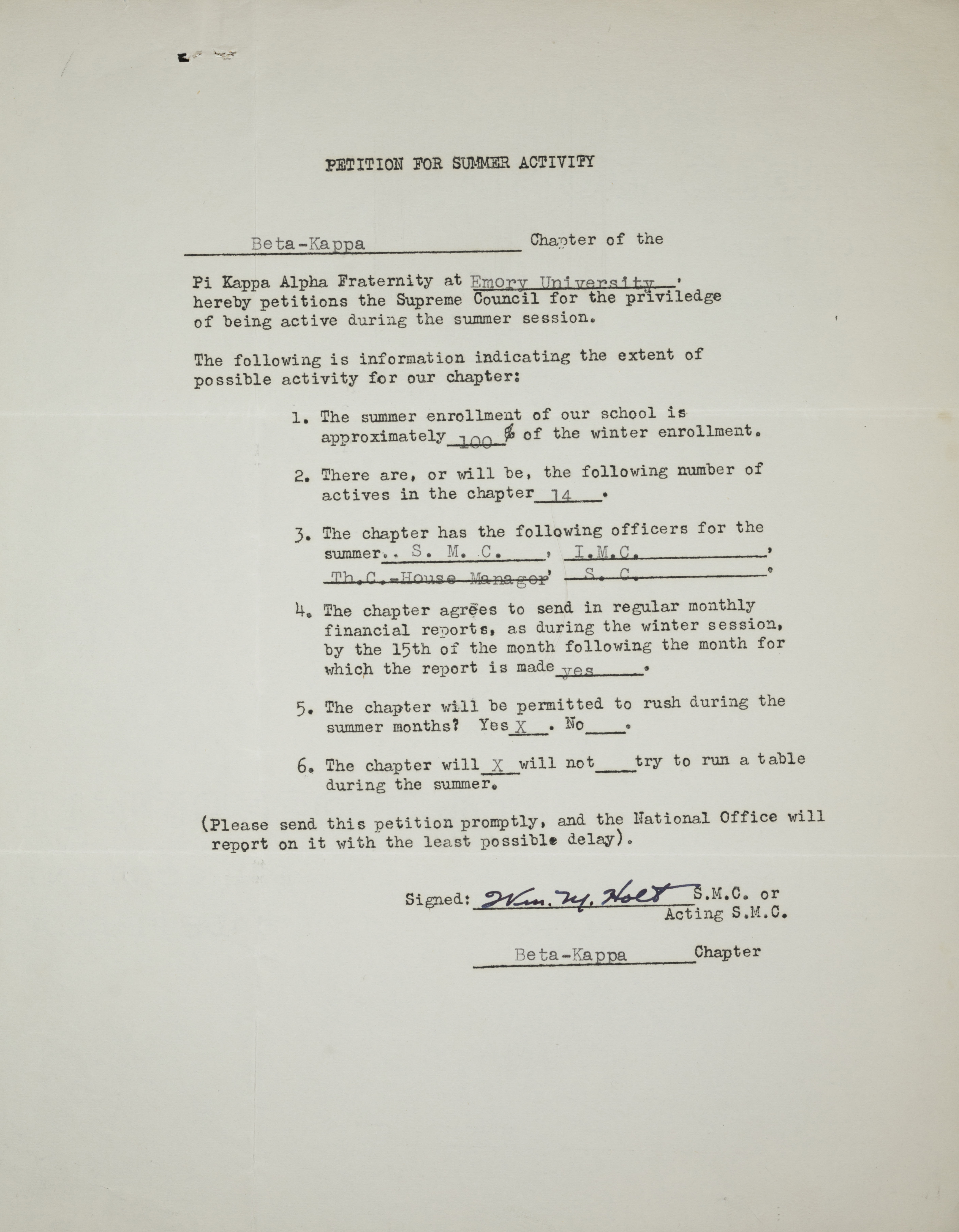 Beta Kappa Chapter Petition for Summer Activity, 1942
