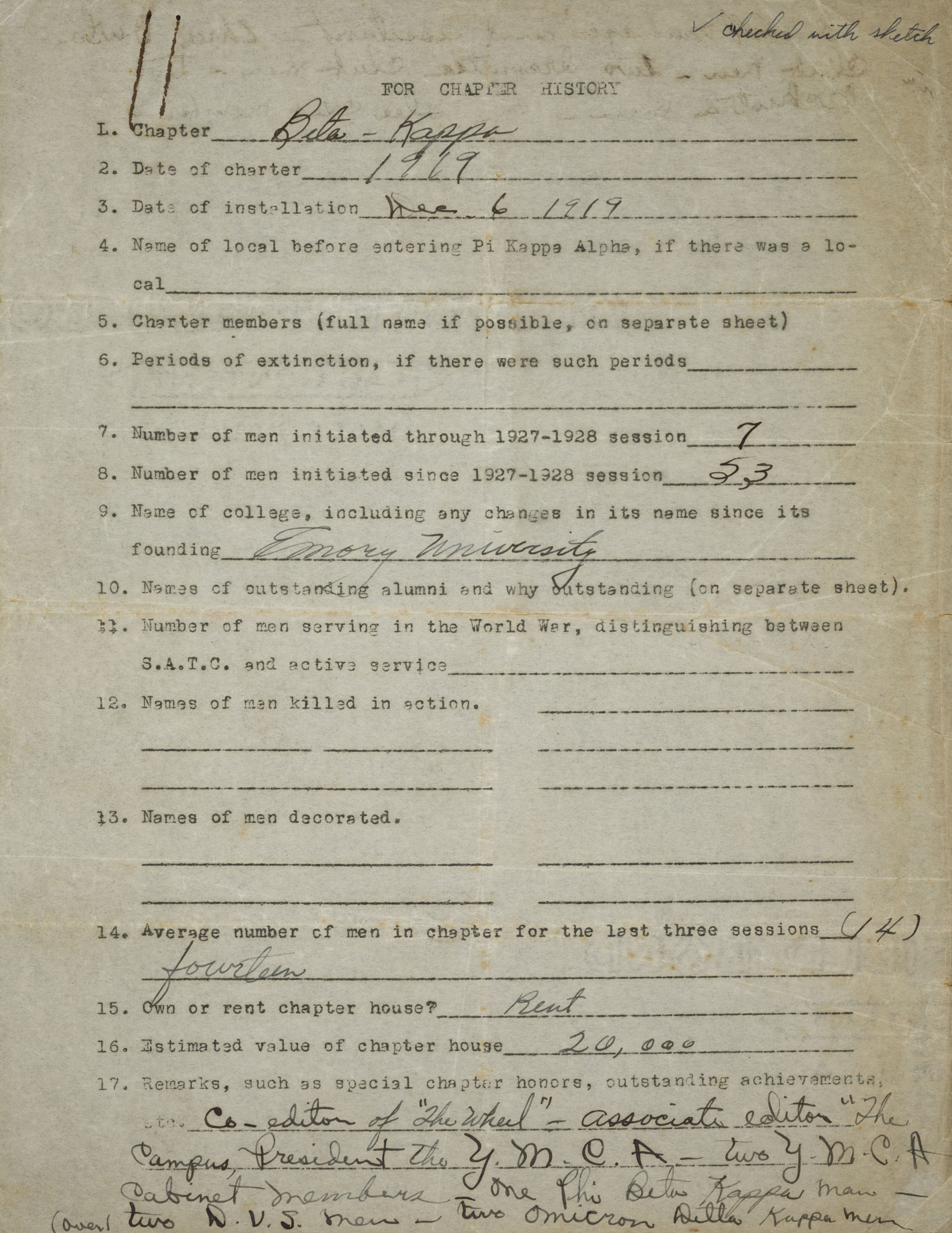 Beta Kappa Chapter History Report, 1927-1928