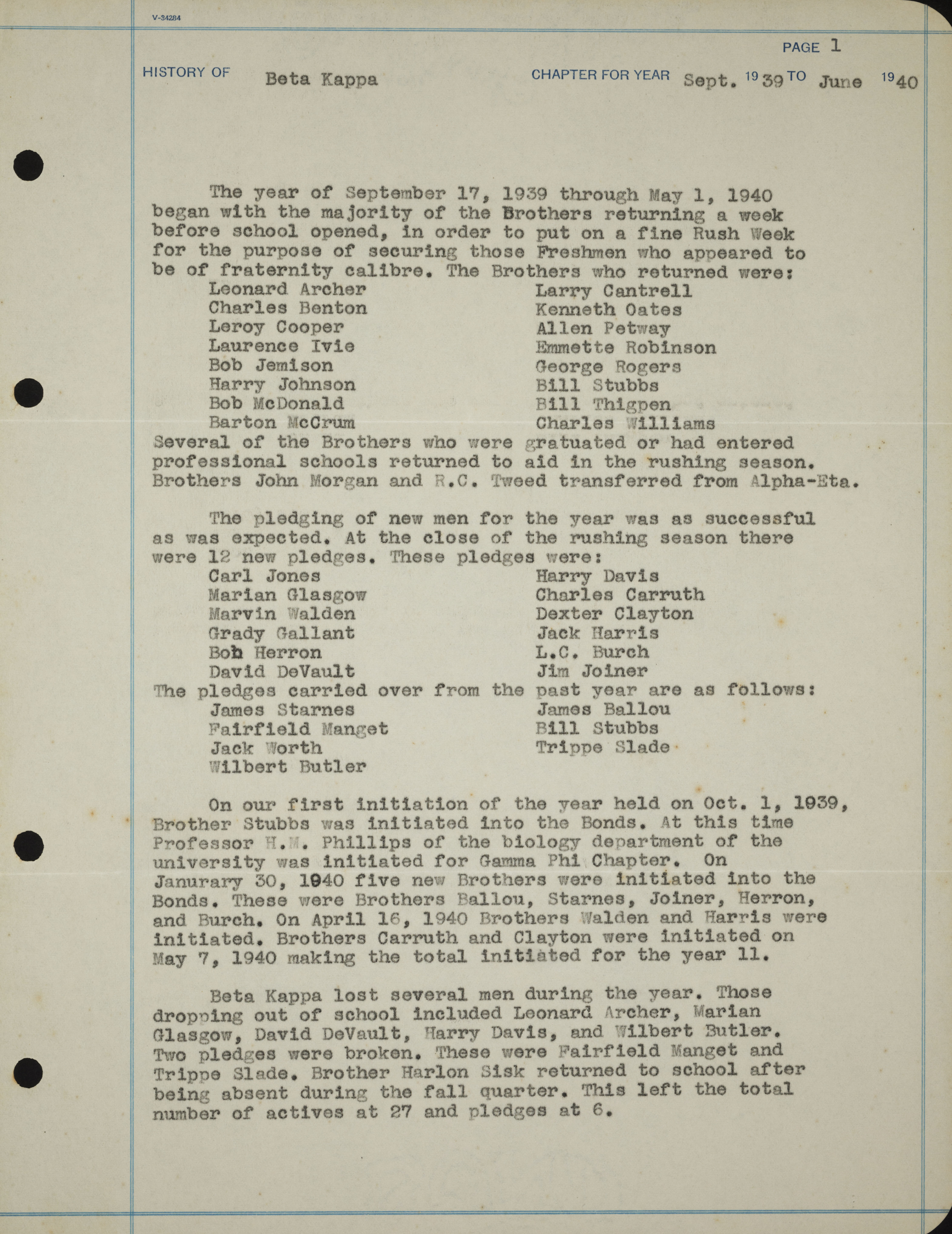 History of Beta Kappa Chapter, September 1939-June 1940