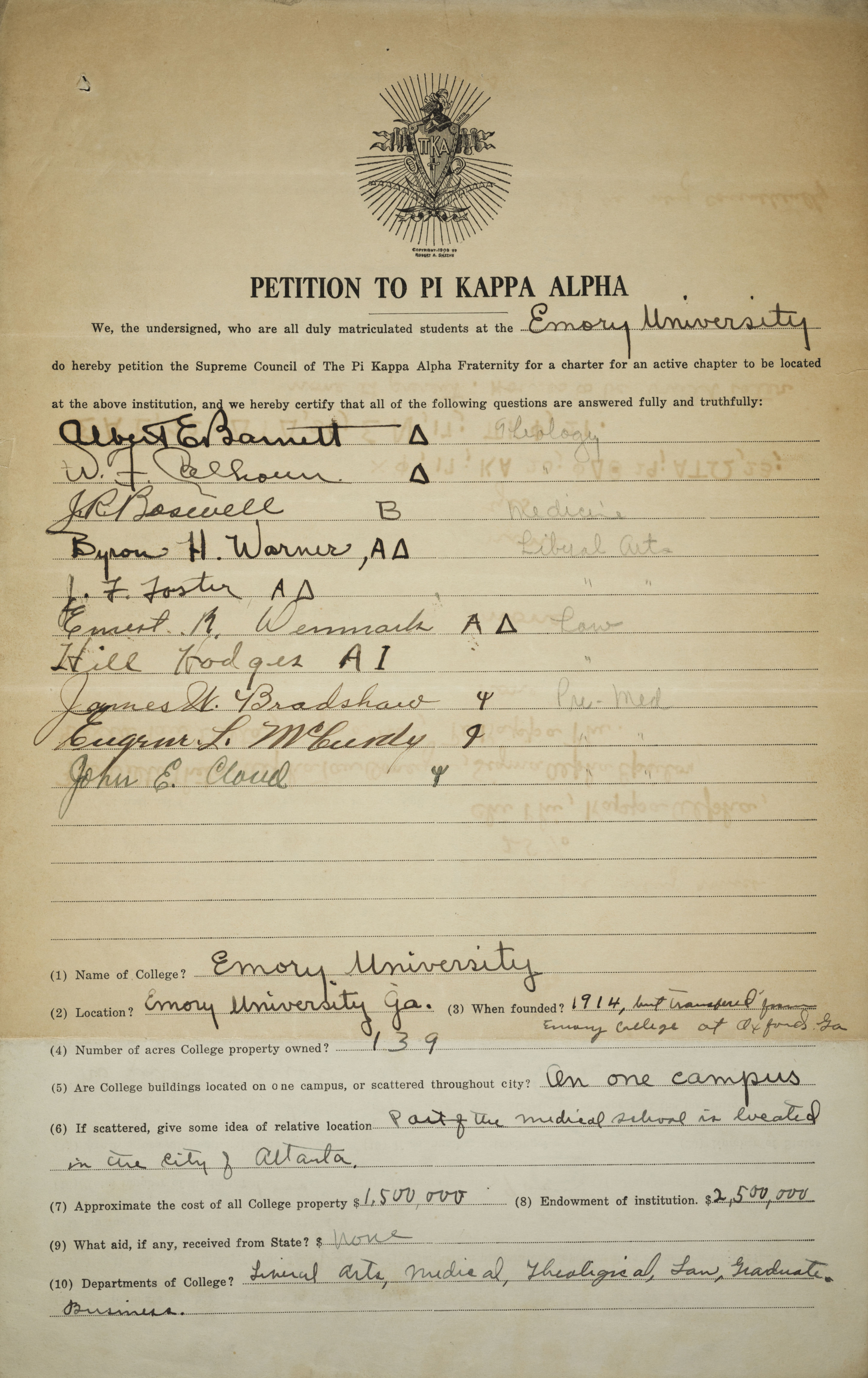 Petition to Supreme Council of the Pi Kappa Alpha Fraternity From Emory University