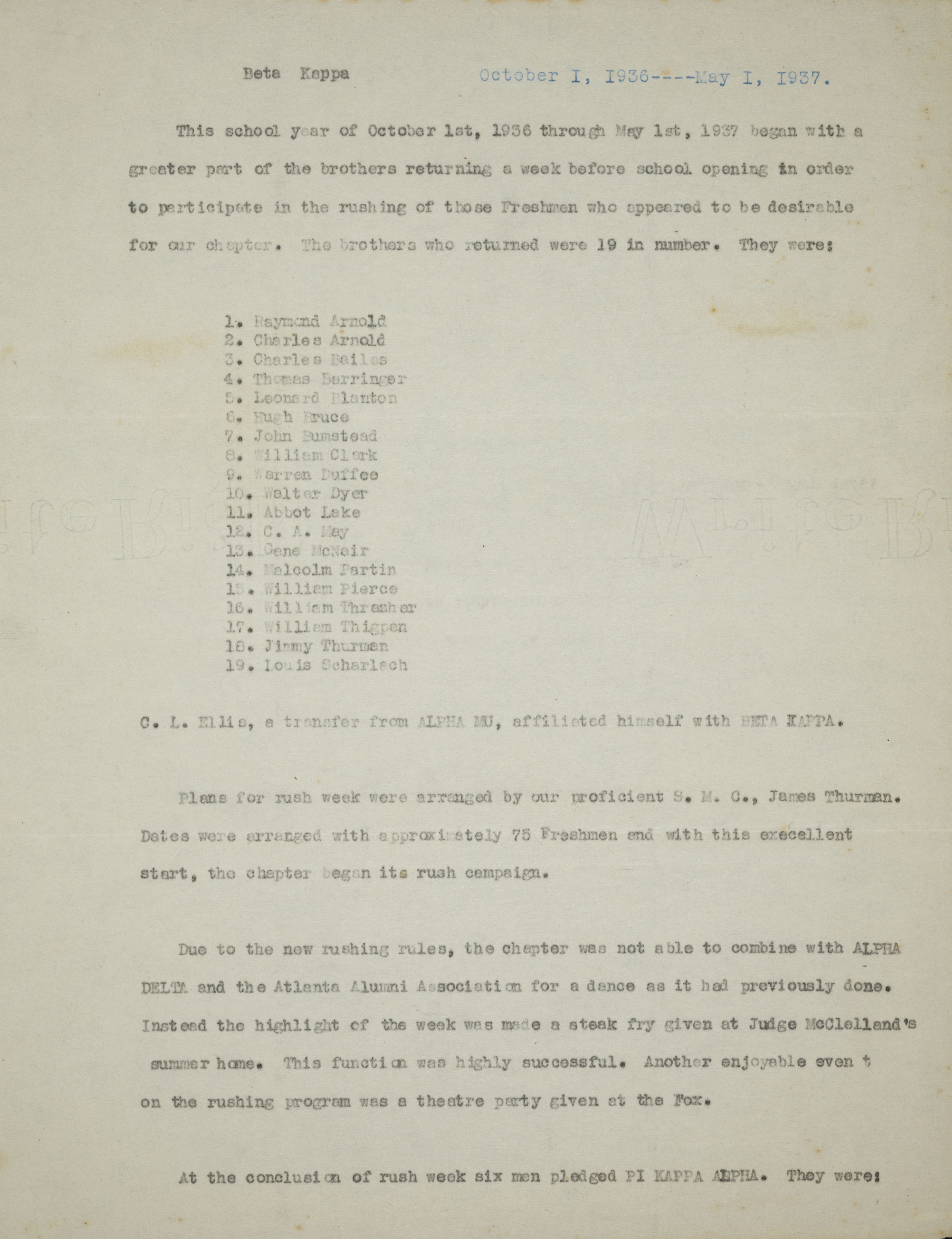 Beta Kappa Chapter History Report, October 1, 1936-May 1, 1937