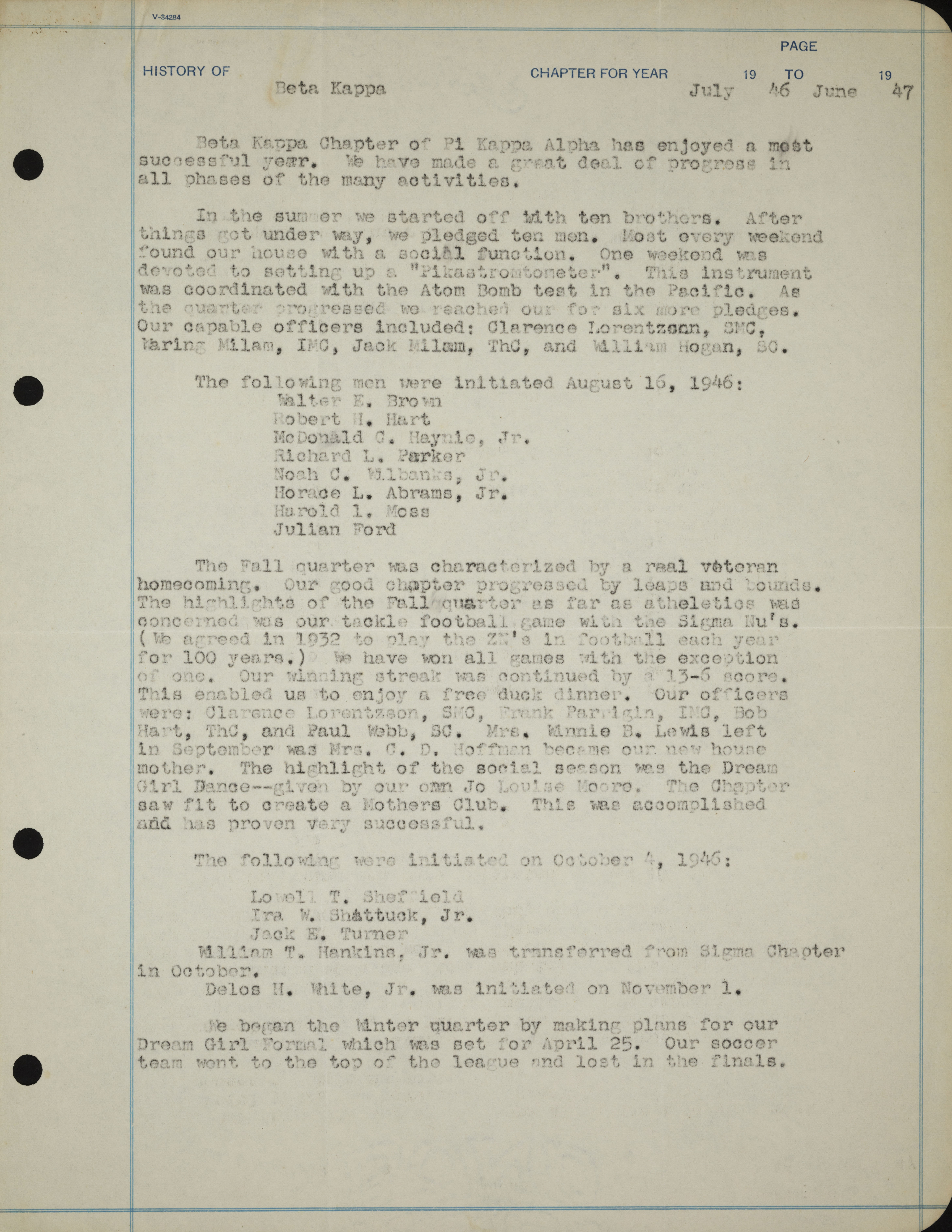 History of Beta Kappa Chapter, July 1946-June 1947