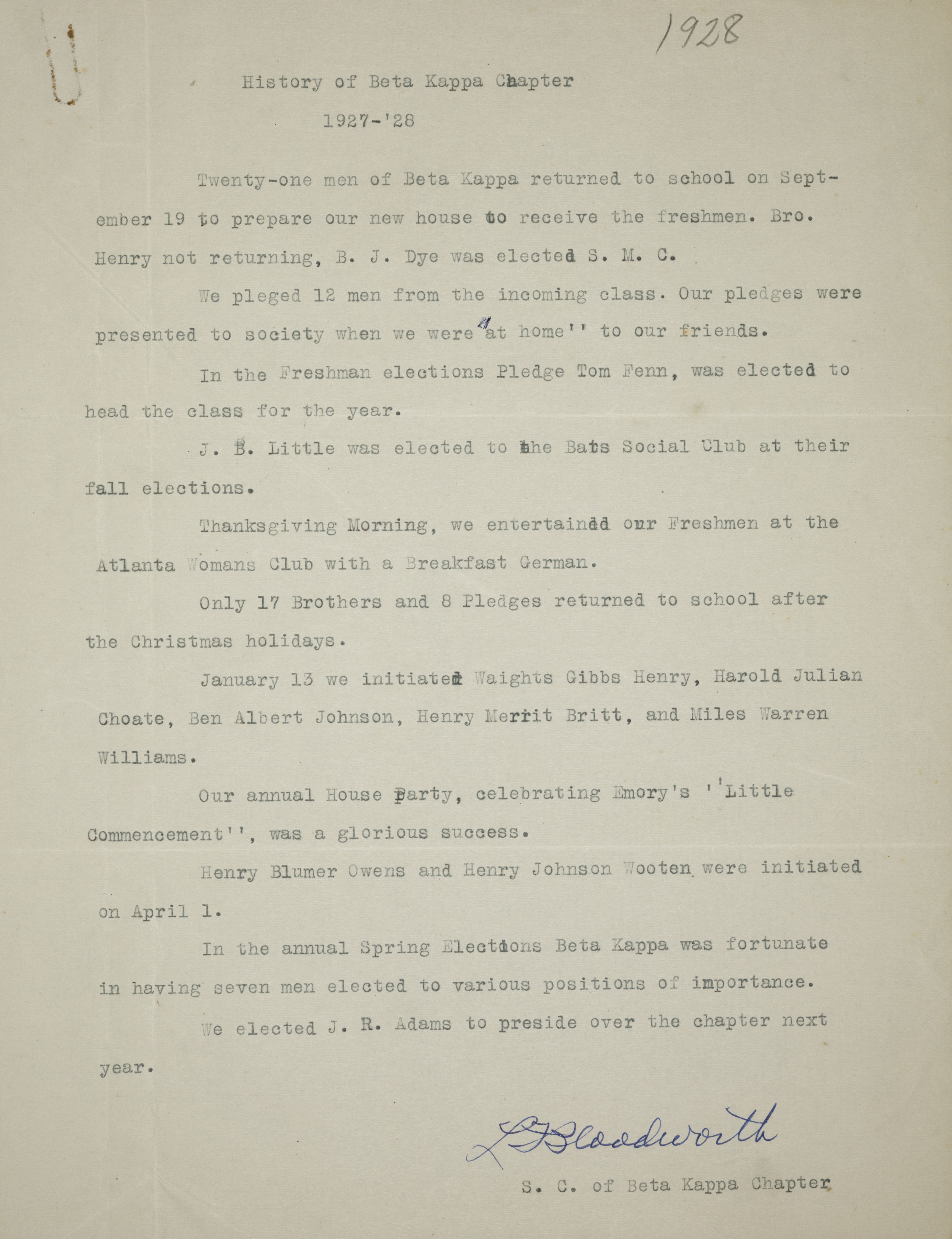 History of Beta Kappa Chapter, 1927-1928