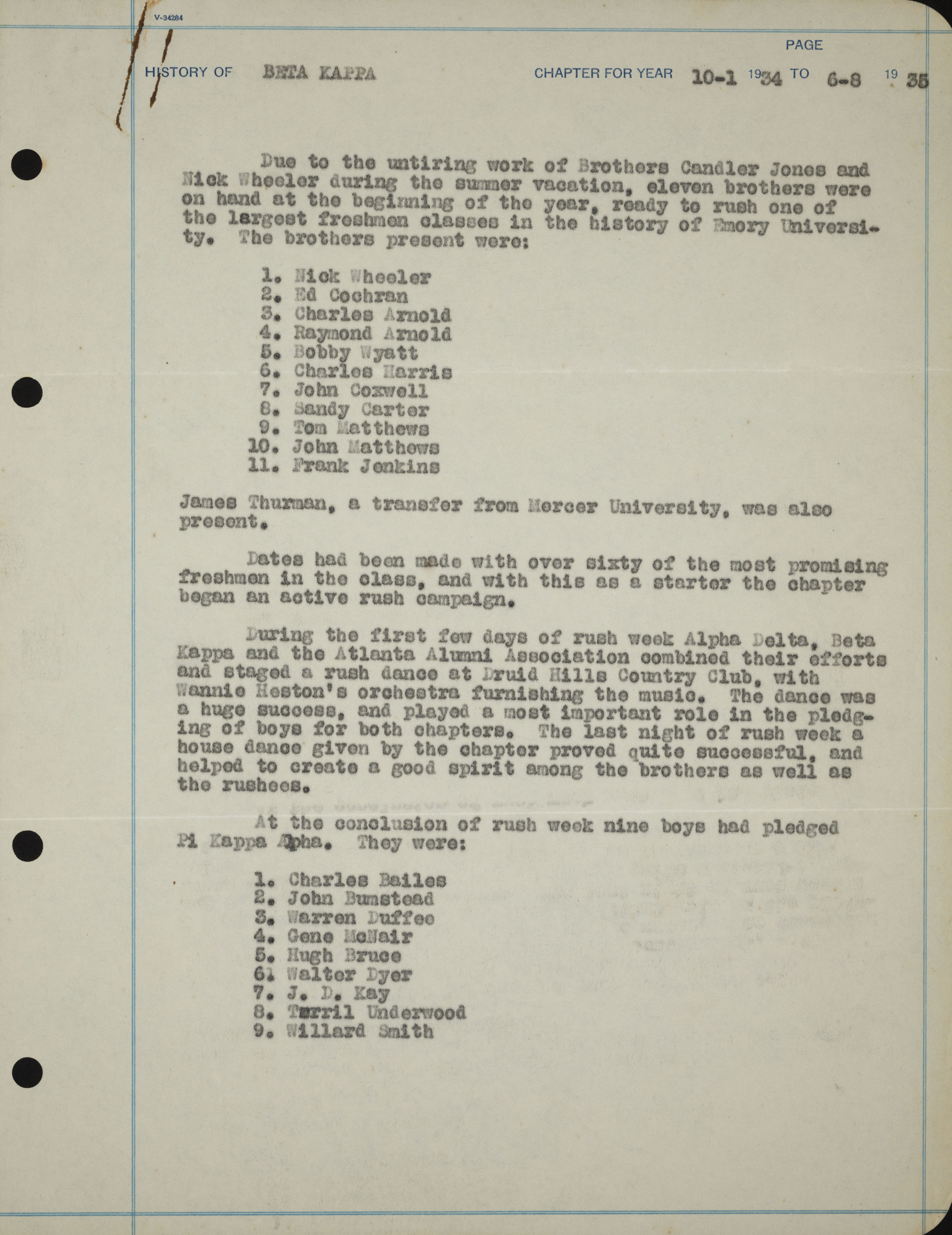 History of Beta Kappa Chapter, October 1, 1934-June 8, 1935