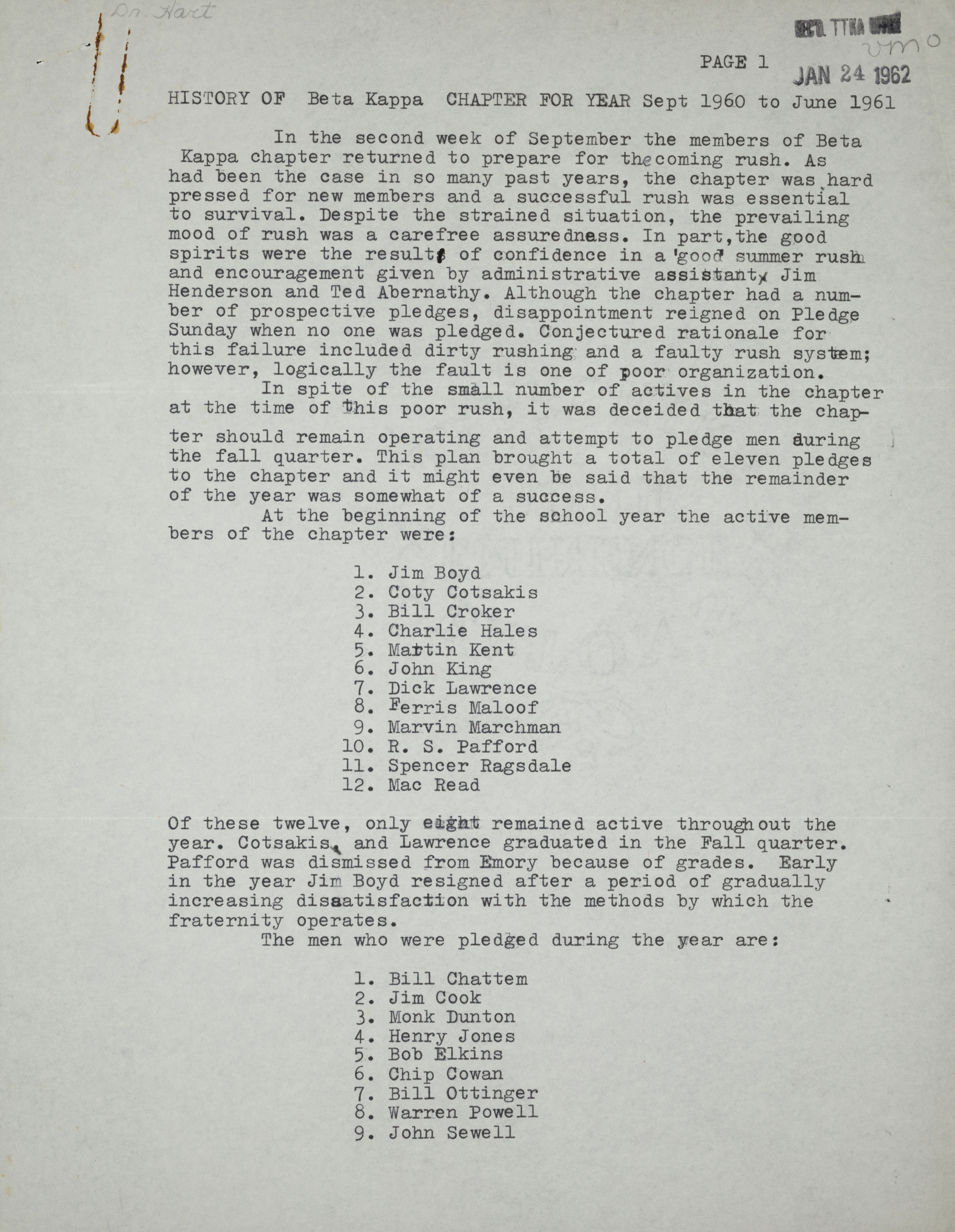 History of Beta Kappa Chapter, September 1960-June 1961