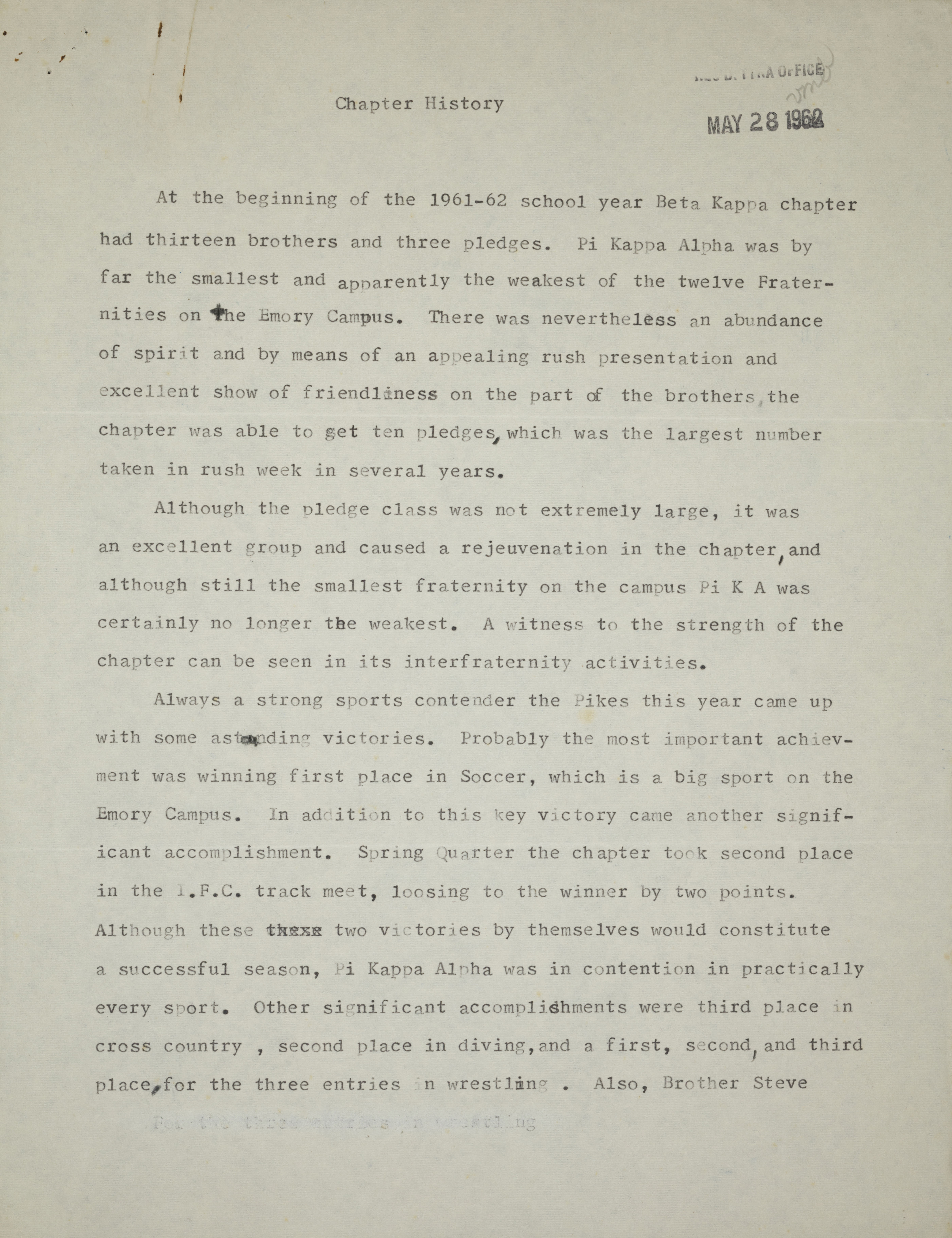 Chapter History, 1961-1962