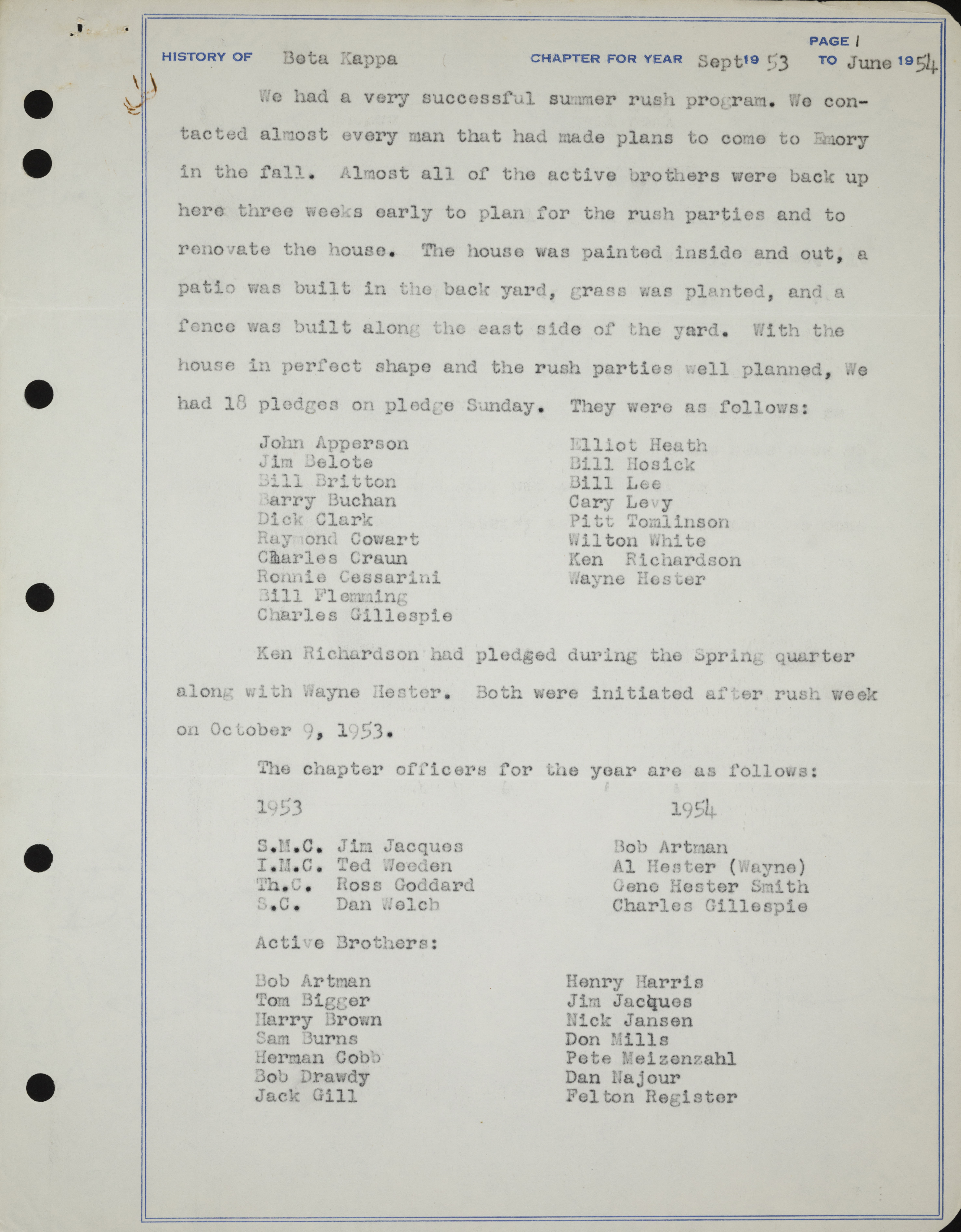 History of Beta Kappa Chapter, September 1953-June 1954